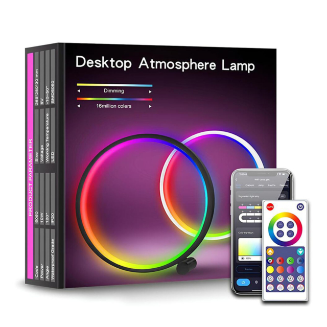Lampi LED LBZ-00277 01 Lampă LED Rotundă RGB Ambientală de Birou, Smart WiFi + Bluetooth, Sincronizare cu Muzica, Control din Aplicație, 26 cm, Neagră