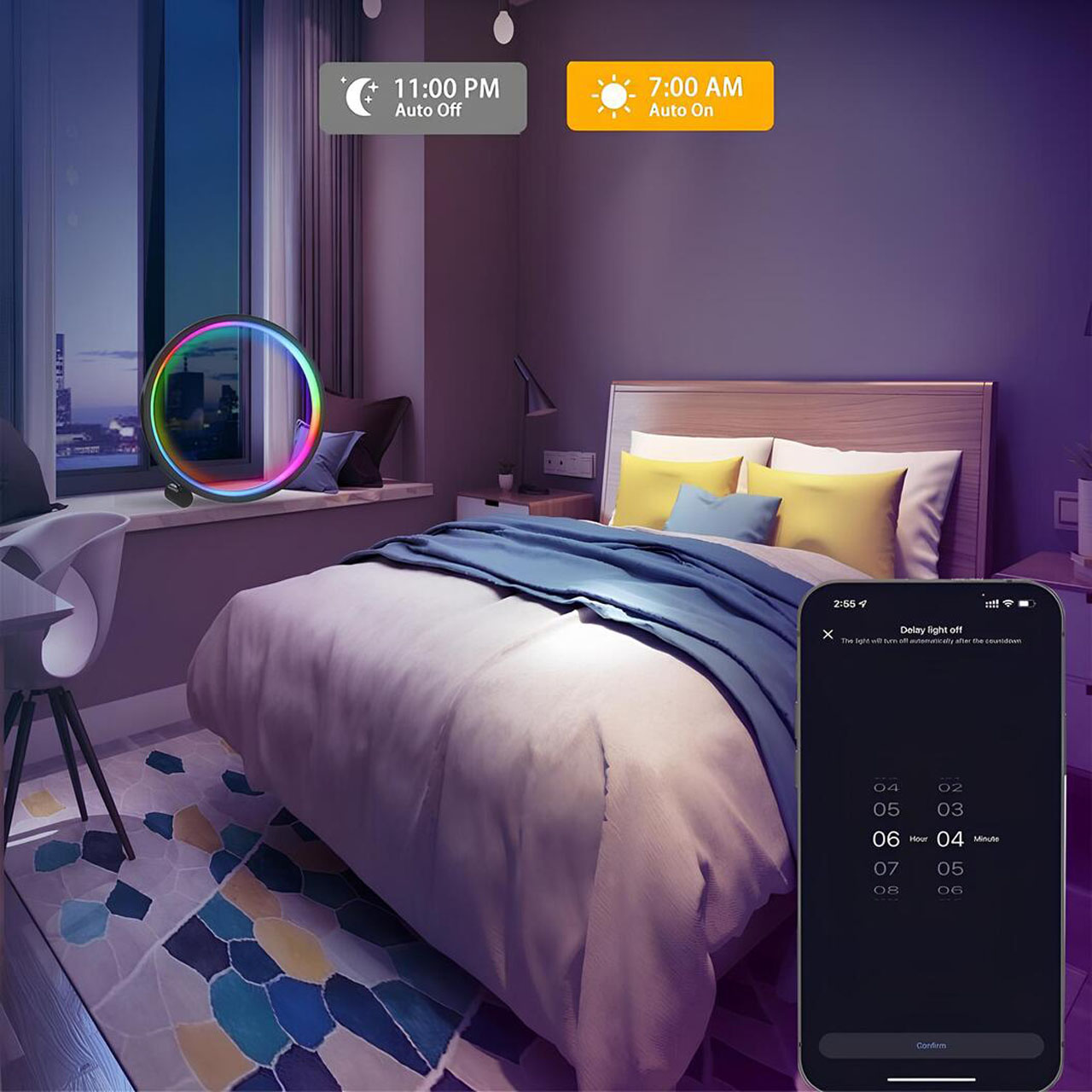 Lampi LED LBZ-00277 04 Lampă LED Rotundă RGB Ambientală de Birou, Smart WiFi + Bluetooth, Sincronizare cu Muzica, Control din Aplicație, 26 cm, Neagră