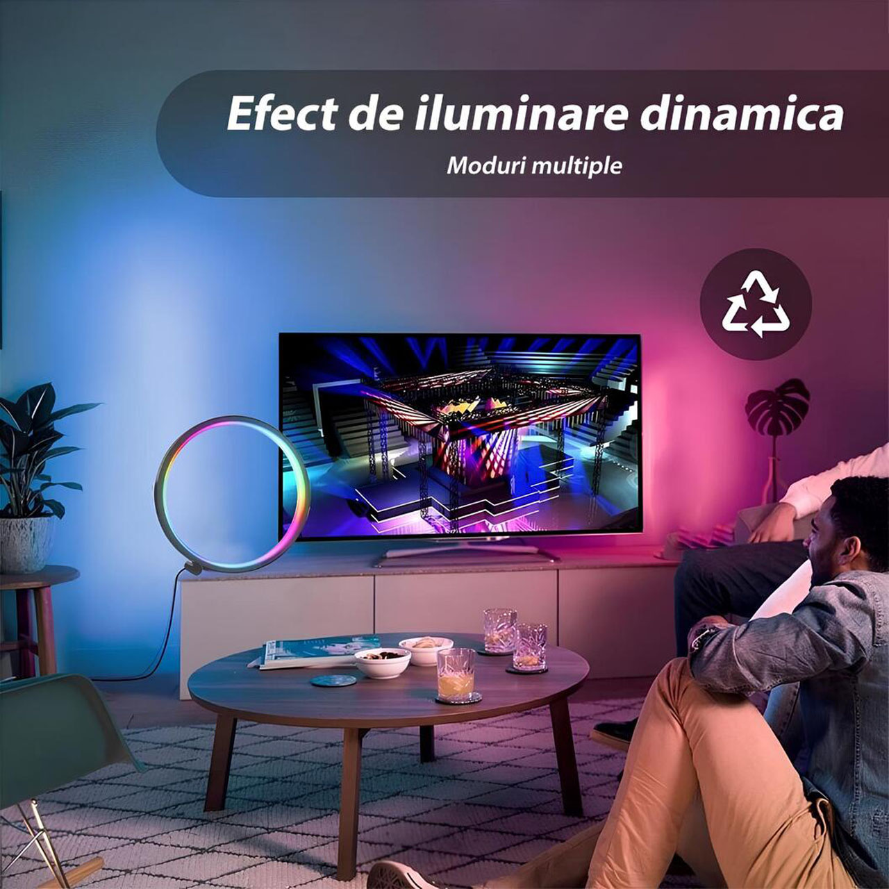 Lampi LED LBZ-00277 06 Lampă LED Rotundă RGB Ambientală de Birou, Smart WiFi + Bluetooth, Sincronizare cu Muzica, Control din Aplicație, 26 cm, Neagră