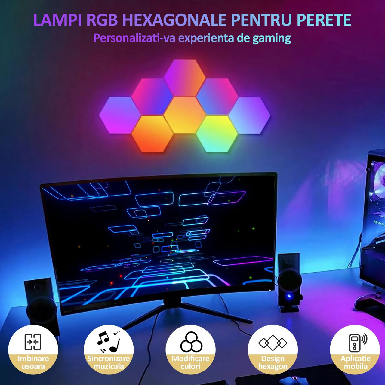 Lampi LED LBZ-00278 02 Set 8 Panouri LED Hexagonale RGB de Perete, Modulare, Sincronizare cu Muzica, Control din Aplicație și Telecomandă, pentru Gaming