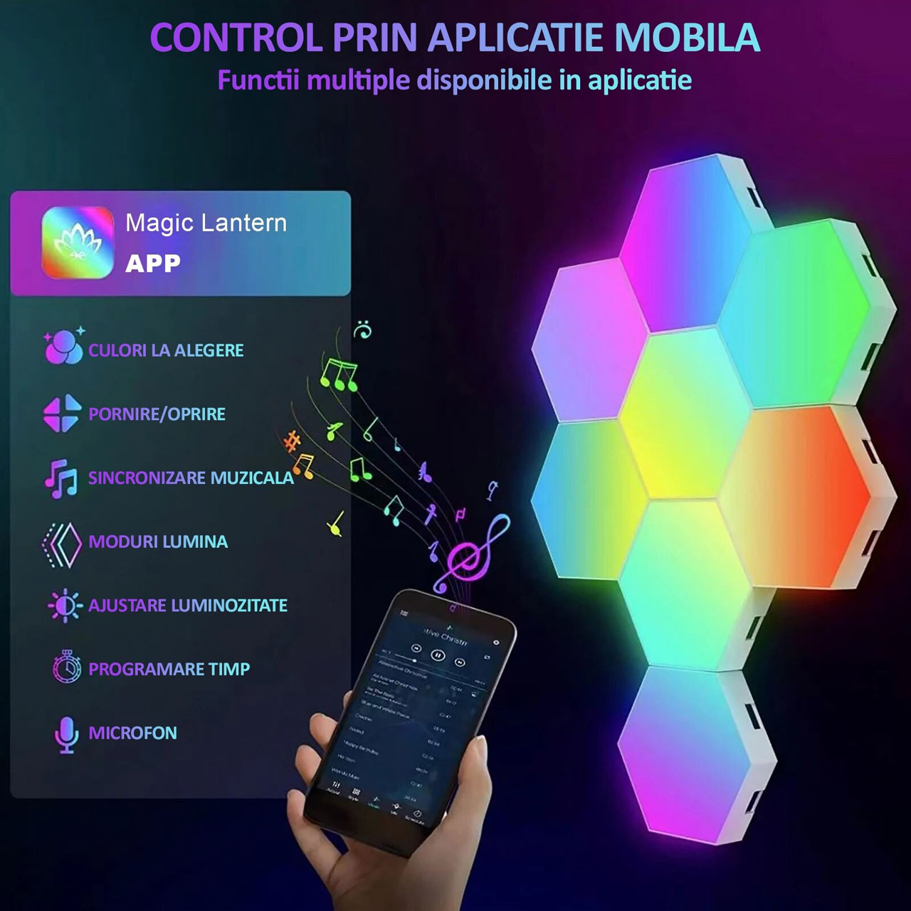 Lampi LED LBZ-00278 04 Set 8 Panouri LED Hexagonale RGB de Perete, Modulare, Sincronizare cu Muzica, Control din Aplicație și Telecomandă, pentru Gaming