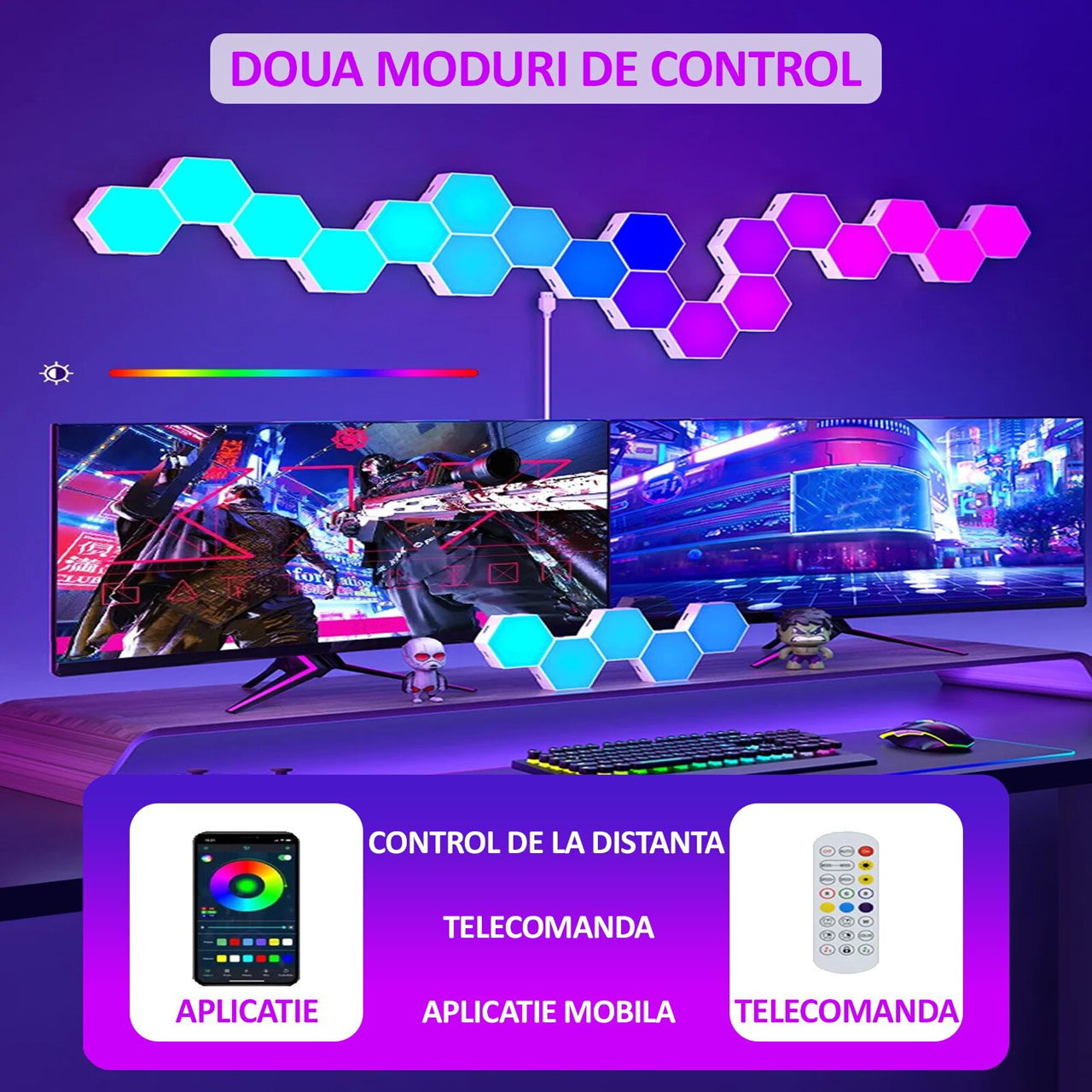 Lampi LED LBZ-00278 06 Set 8 Panouri LED Hexagonale RGB de Perete, Modulare, Sincronizare cu Muzica, Control din Aplicație și Telecomandă, pentru Gaming