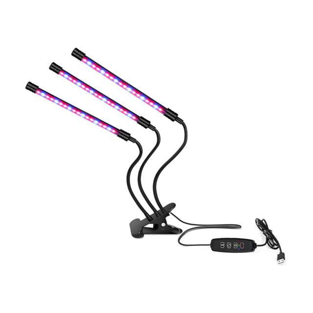 Lampi LED LBZ-00287 01 Lampă LED pentru Creșterea Plantelor cu 3 Brațe Flexibile și Clemă, Temporizator, 9 Trepte Intensitate, Alimentare USB