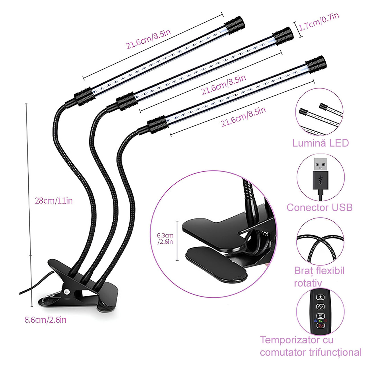 Lampi LED LBZ-00287 05 Lampă LED pentru Creșterea Plantelor cu 3 Brațe Flexibile și Clemă, Temporizator, 9 Trepte Intensitate, Alimentare USB