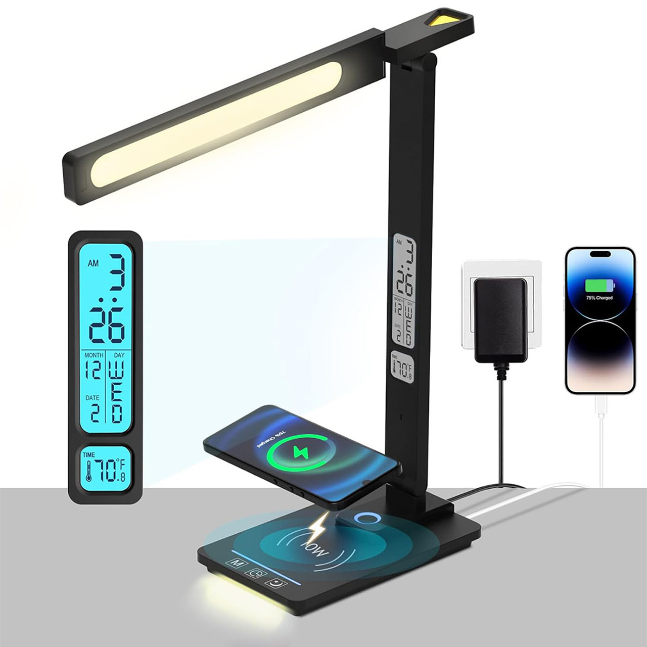 Lampi LED LBZ-00290 01 Lampă de Birou LED cu Încărcare Wireless 10W, Ceas și Calendar, 5 Culori de Lumină, Protecție Ochi, Port USB, Neagră