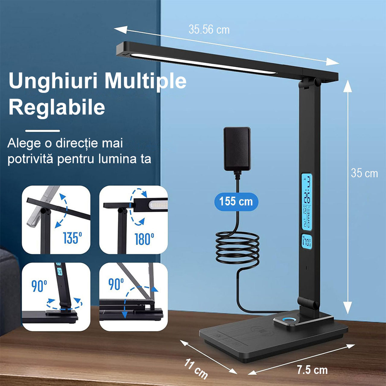 Lampi LED LBZ-00290 04 Lampă de Birou LED cu Încărcare Wireless 10W, Ceas și Calendar, 5 Culori de Lumină, Protecție Ochi, Port USB, Neagră