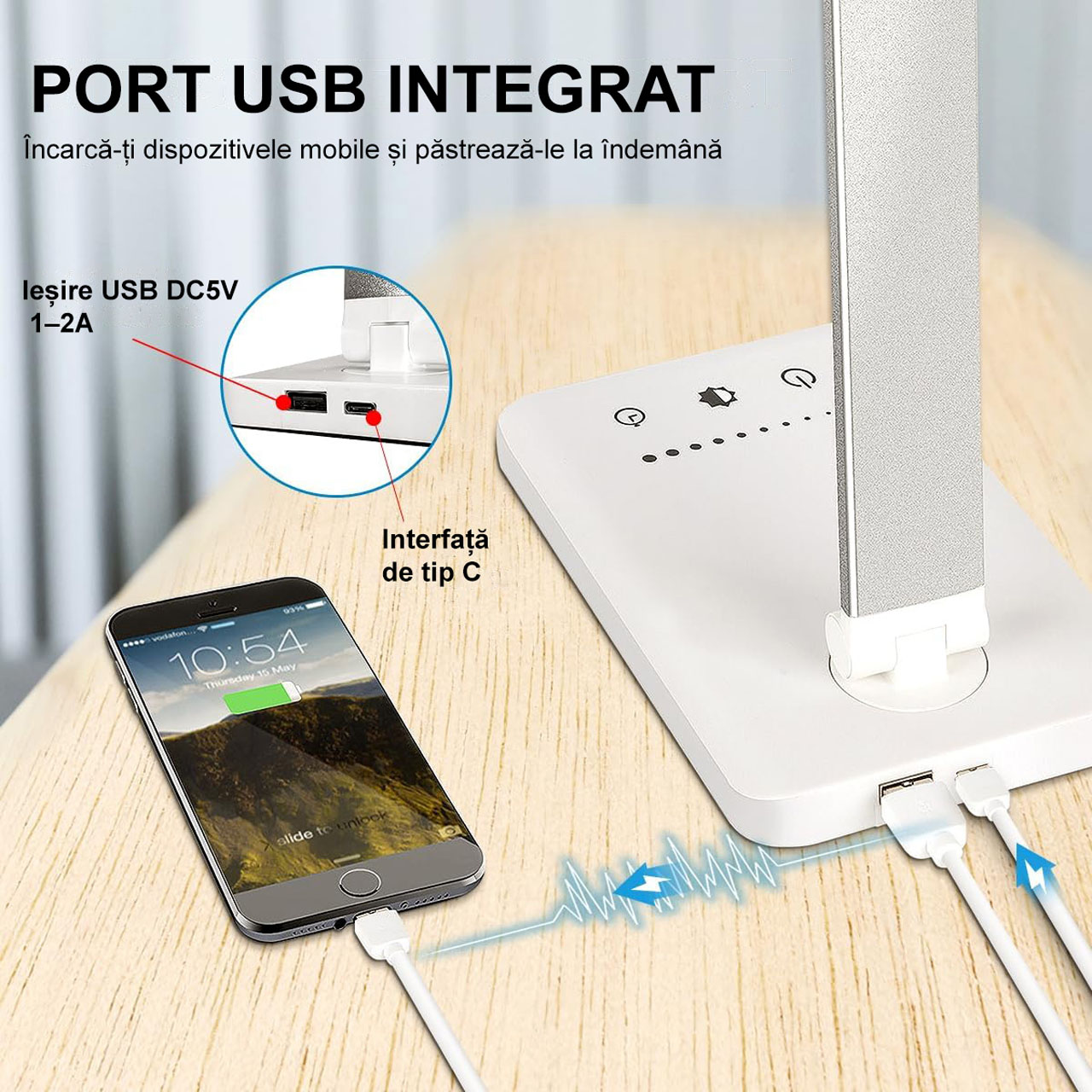 Lampi LED LBZ-00291 02 Lampă de Birou LED Pliabilă, Control Touch, 5 Culori de Lumină, 10 Trepte Intensitate, Protecție Ochi, Port USB Încărcare Telefon, Argintie