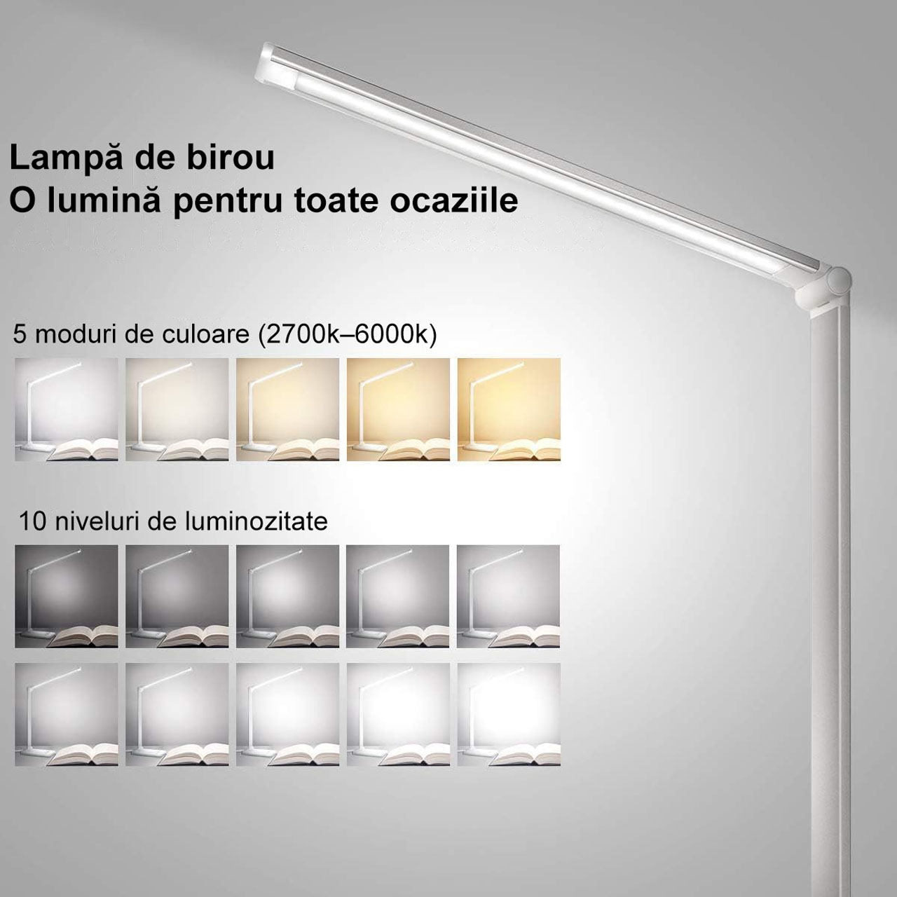 Lampi LED LBZ-00291 04 Lampă de Birou LED Pliabilă, Control Touch, 5 Culori de Lumină, 10 Trepte Intensitate, Protecție Ochi, Port USB Încărcare Telefon, Argintie