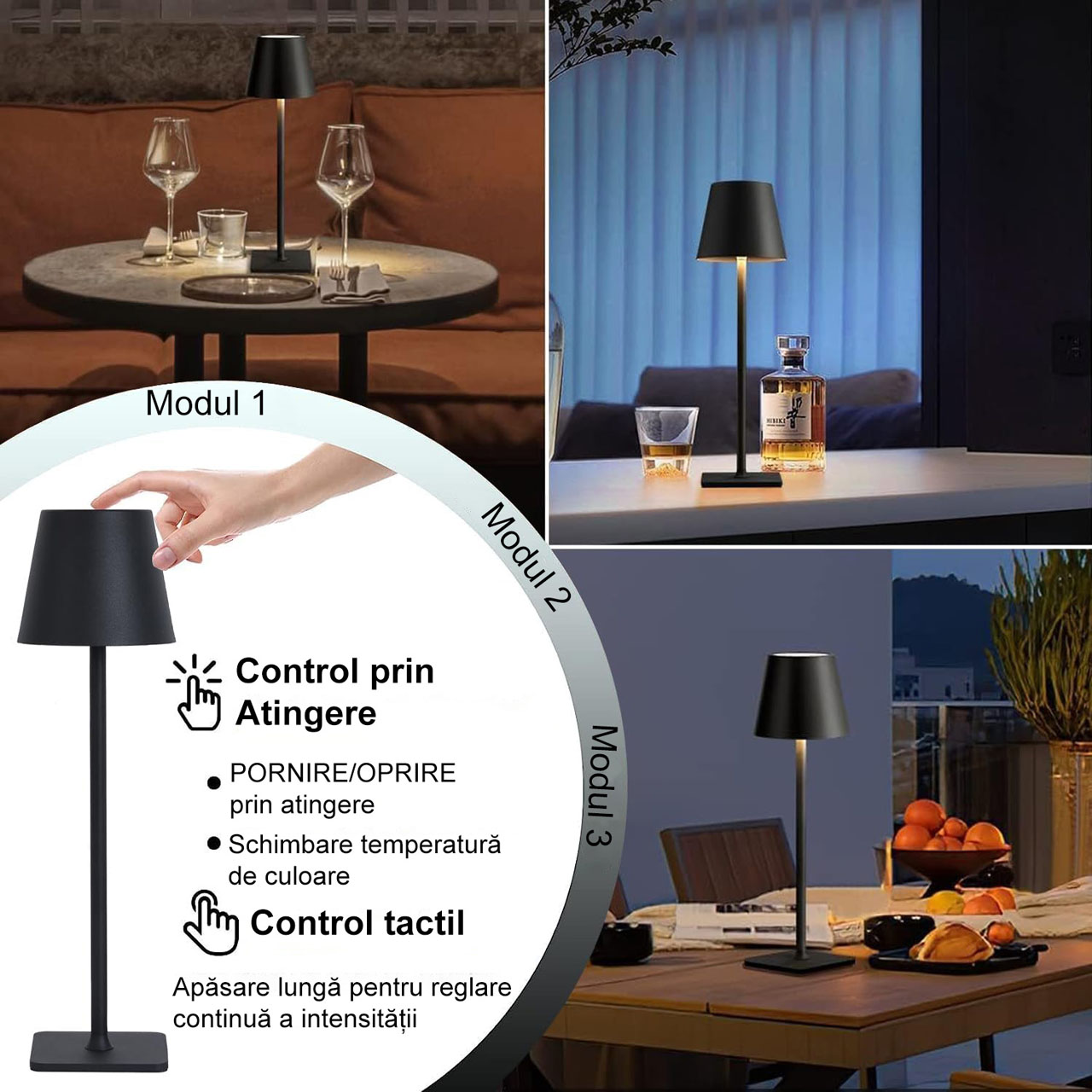 Lampi LED LBZ-00297 04 Lampă de Masă LED fără Fir, Reîncărcabilă Type-C, Control Touch, 3 Culori de Lumină, Dimabilă, 5200mAh, Neagră