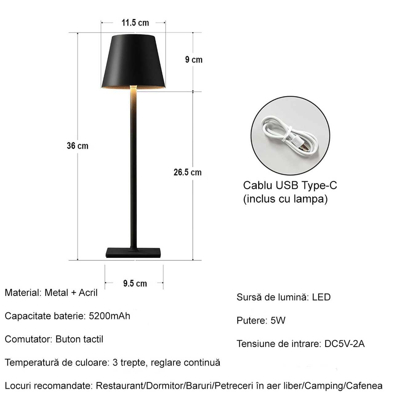 Lampi LED LBZ-00297 06 Lampă de Masă LED fără Fir, Reîncărcabilă Type-C, Control Touch, 3 Culori de Lumină, Dimabilă, 5200mAh, Neagră