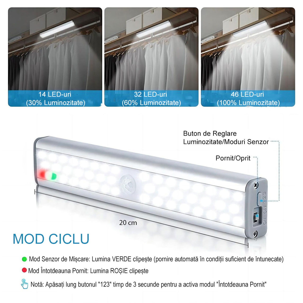 Lampi LED LBZ-00466 04 Lampă LED cu Senzor de Mișcare pentru Dulap, 46 LED-uri, Reîncărcabilă USB, Montaj Magnetic fără Găurire, Lumină Rece, 20 cm