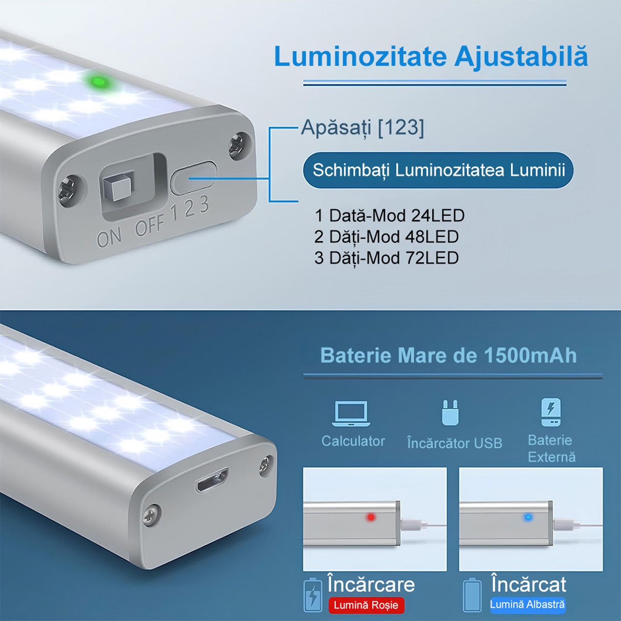 Lampi LED LBZ-00467 05 Lampă LED cu Senzor de Mișcare pentru Dulap, 72 LED-uri, Reîncărcabilă USB, Montaj Magnetic fără Găurire, Lumină Rece, 40 cm
