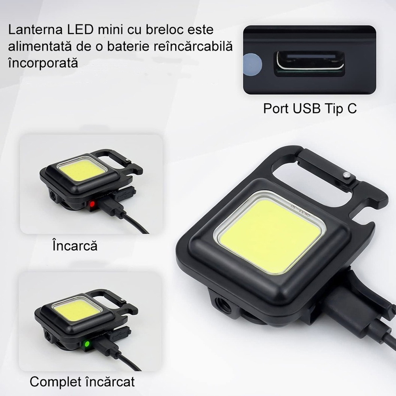 Lanterne LBZ-00194 05 Lanternă LED Mini Breloc COB, Reîncărcabilă Type-C, cu Carabină, Suport Rabatabil și Magnet, Desfăcător, Negru