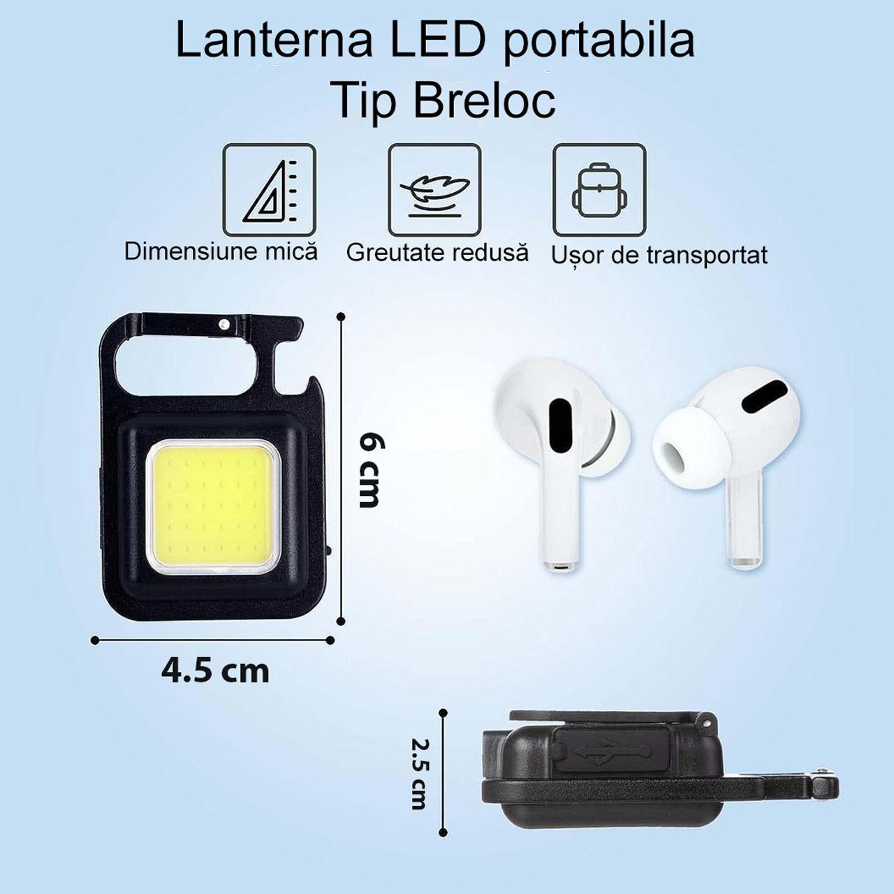 Lanterne LBZ-00194 06 Lanternă LED Mini Breloc COB, Reîncărcabilă Type-C, cu Carabină, Suport Rabatabil și Magnet, Desfăcător, Negru
