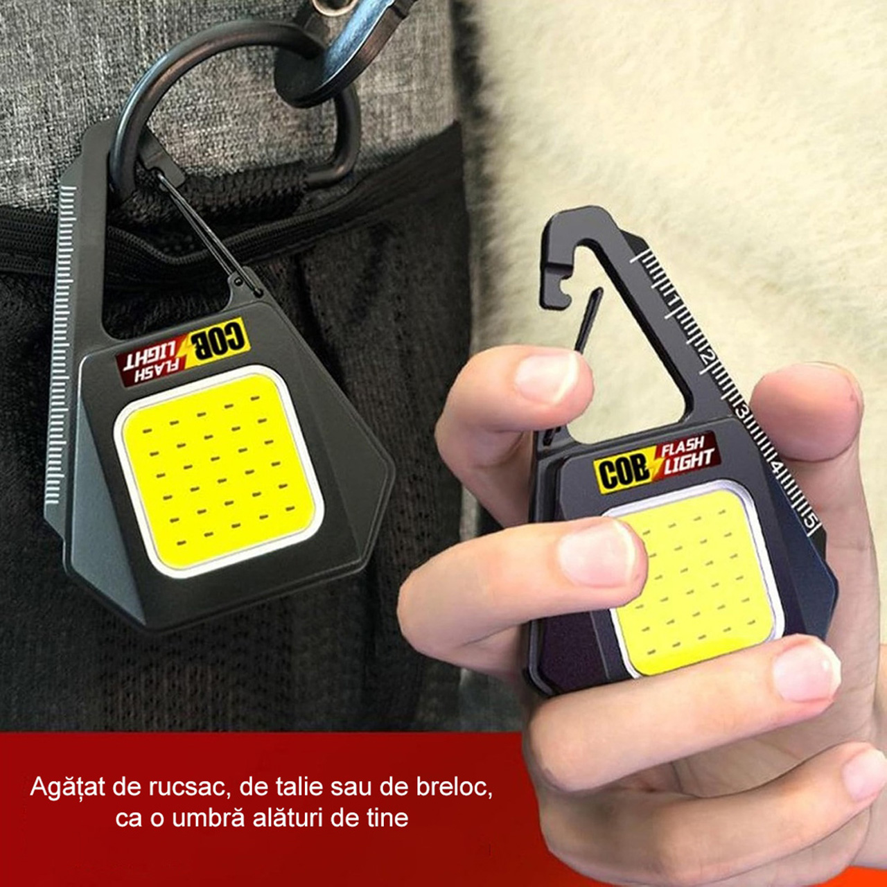 Lanterne LBZ-00200 02 Lanternă LED Mini Breloc COB cu Carabină, Reîncărcabilă Type-C, Lumină de Lucru cu Magnet și Riglă, Negru