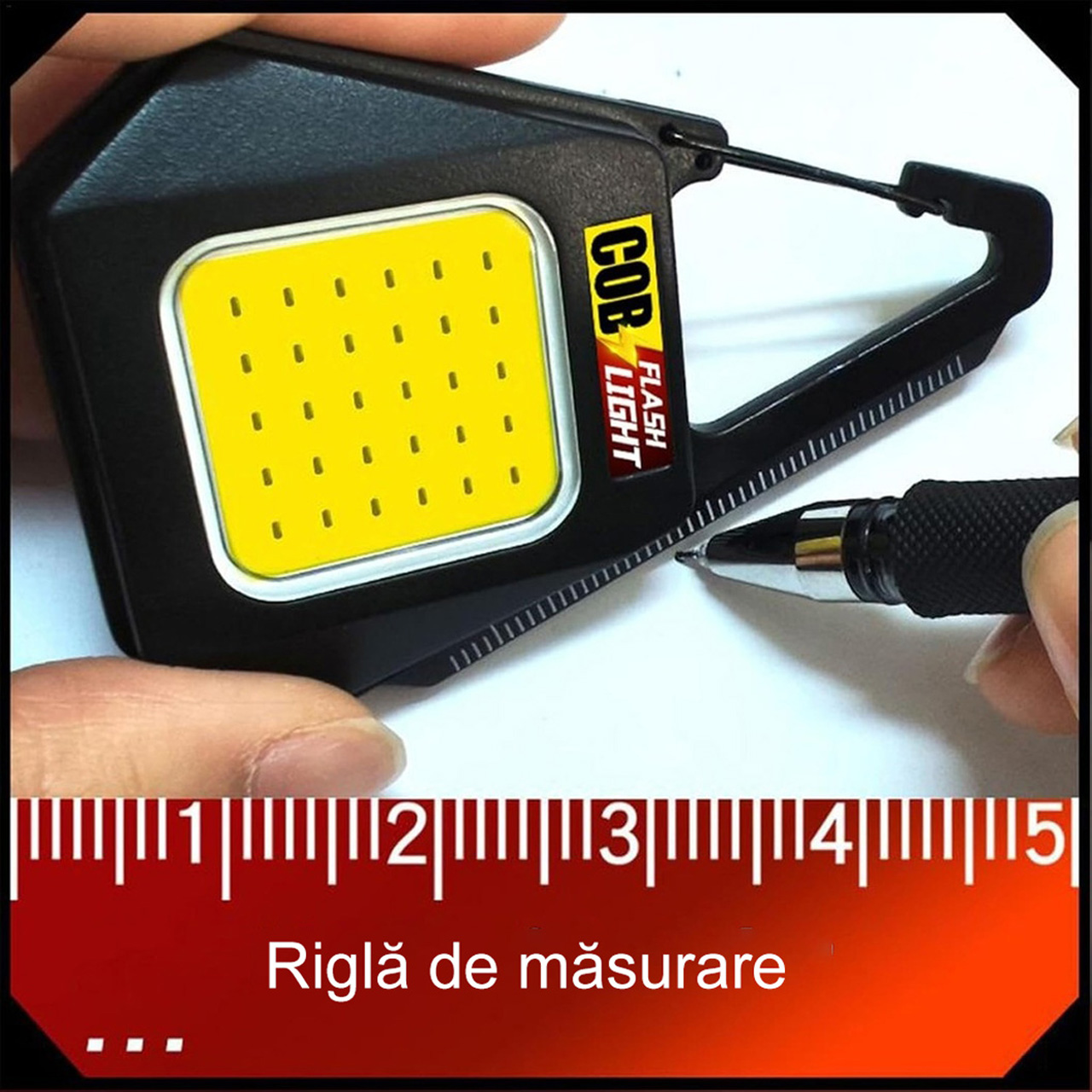 Lanterne LBZ-00200 03 Lanternă LED Mini Breloc COB cu Carabină, Reîncărcabilă Type-C, Lumină de Lucru cu Magnet și Riglă, Negru