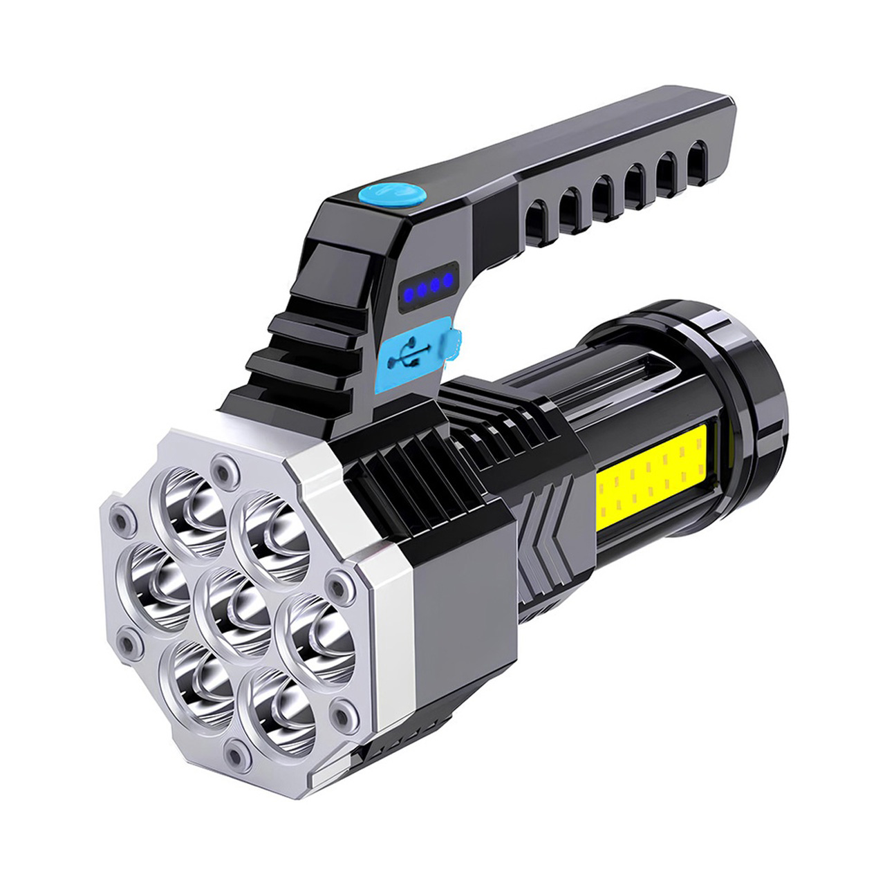 Lanterne LBZ-00203 01 Lanternă LED Puternică cu Mâner, 7 LED-uri + Lumină Laterală COB, Reîncărcabilă USB, pentru Camping și Pescuit, Negru