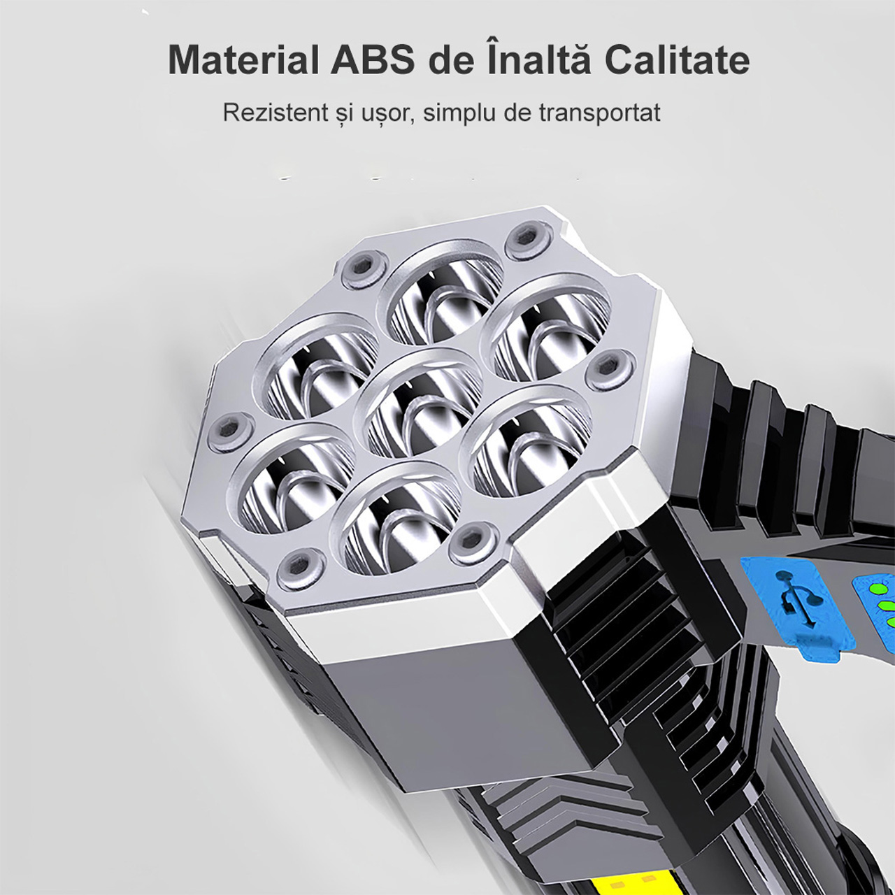 Lanterne LBZ-00203 02 Lanternă LED Puternică cu Mâner, 7 LED-uri + Lumină Laterală COB, Reîncărcabilă USB, pentru Camping și Pescuit, Negru
