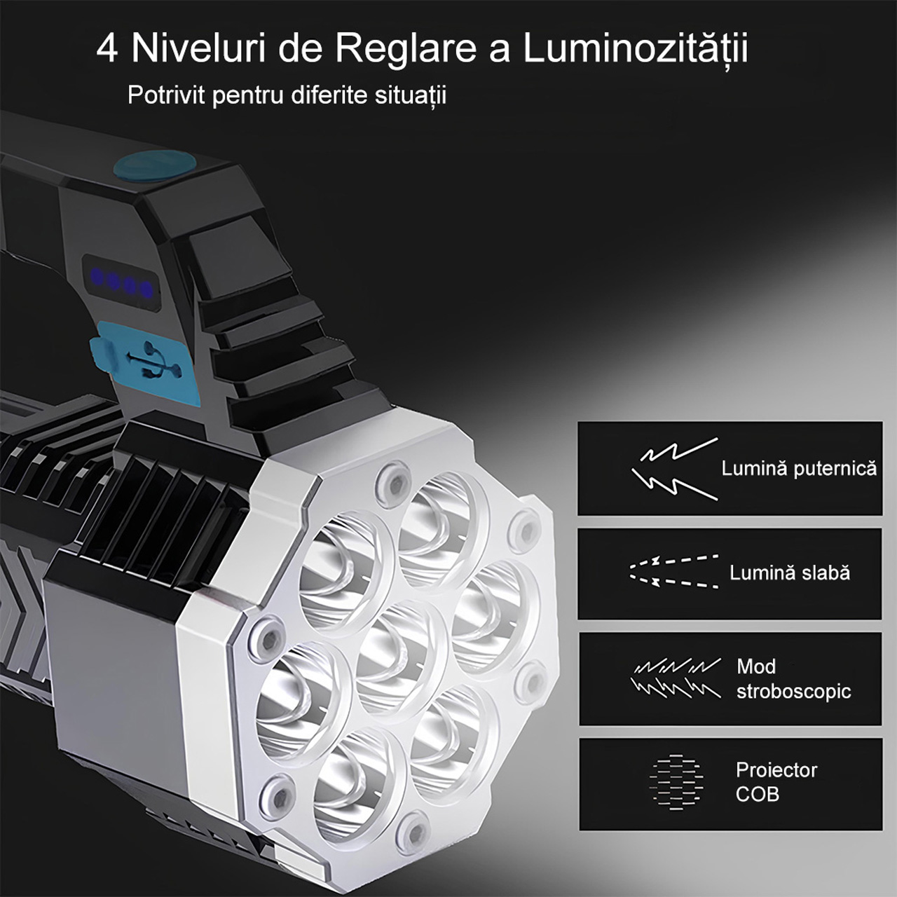 Lanterne LBZ-00203 03 Lanternă LED Puternică cu Mâner, 7 LED-uri + Lumină Laterală COB, Reîncărcabilă USB, pentru Camping și Pescuit, Negru