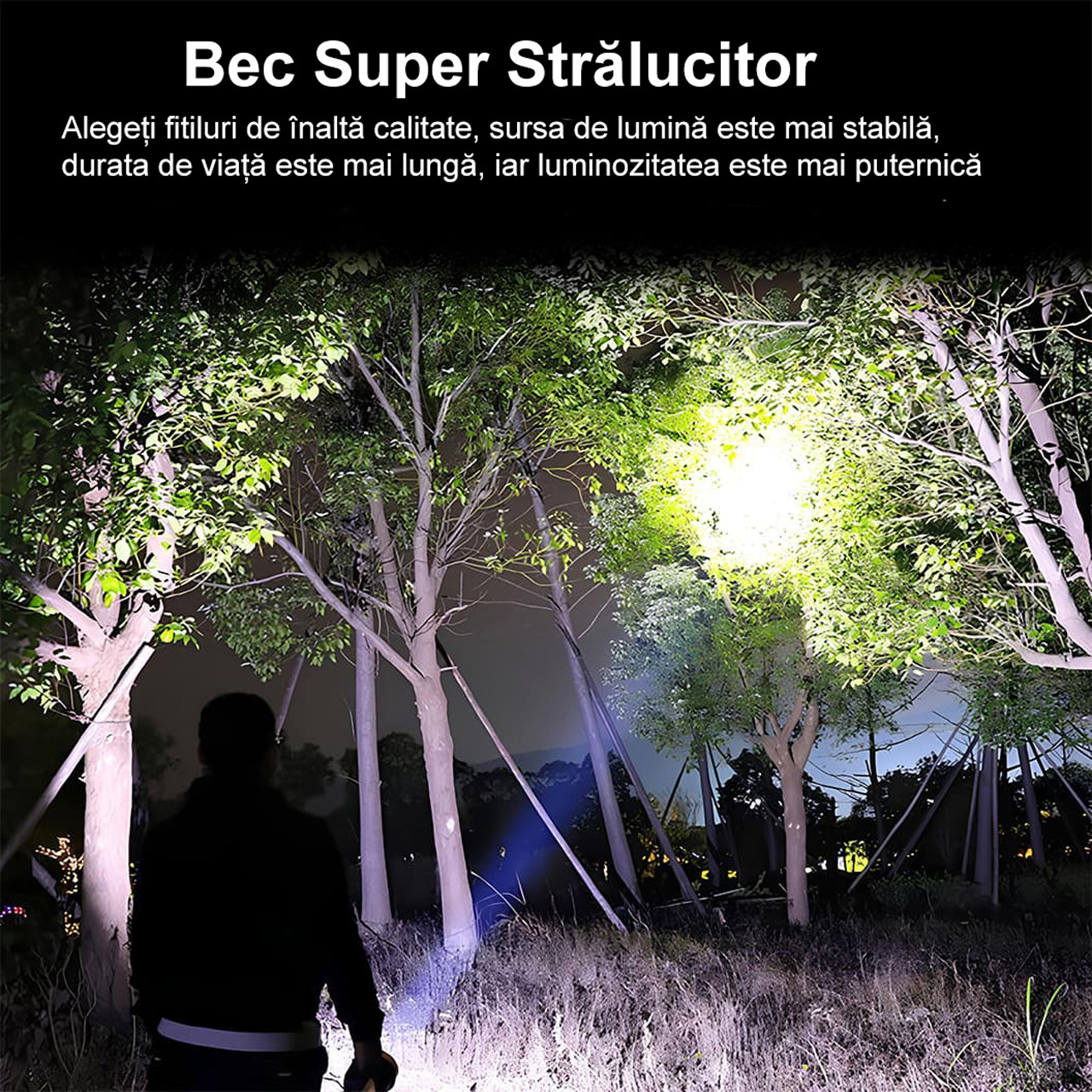 Lanterne LBZ-00203 04 Lanternă LED Puternică cu Mâner, 7 LED-uri + Lumină Laterală COB, Reîncărcabilă USB, pentru Camping și Pescuit, Negru