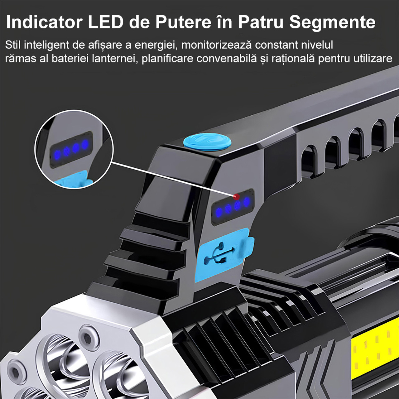 Lanterne LBZ-00203 05 Lanternă LED Puternică cu Mâner, 7 LED-uri + Lumină Laterală COB, Reîncărcabilă USB, pentru Camping și Pescuit, Negru