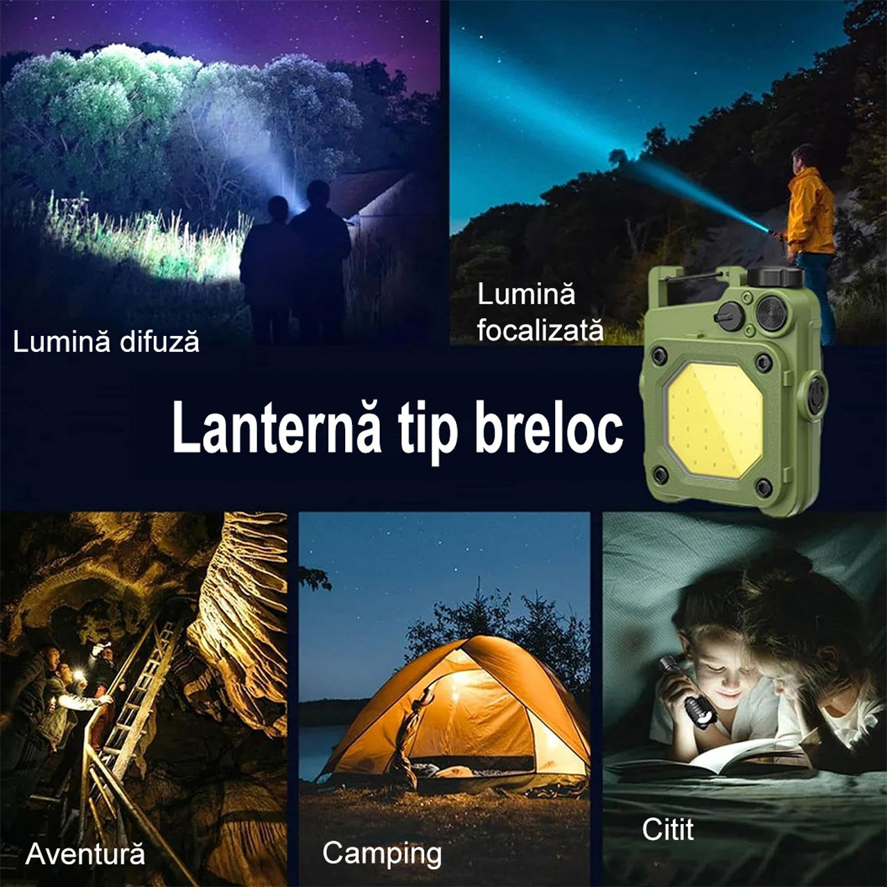 Lanterne LBZ-00206 05 Lanternă LED Mini Breloc COB, Reîncărcabilă Type-C, cu Carabină și Magnet, Lumină de Lucru, Verde
