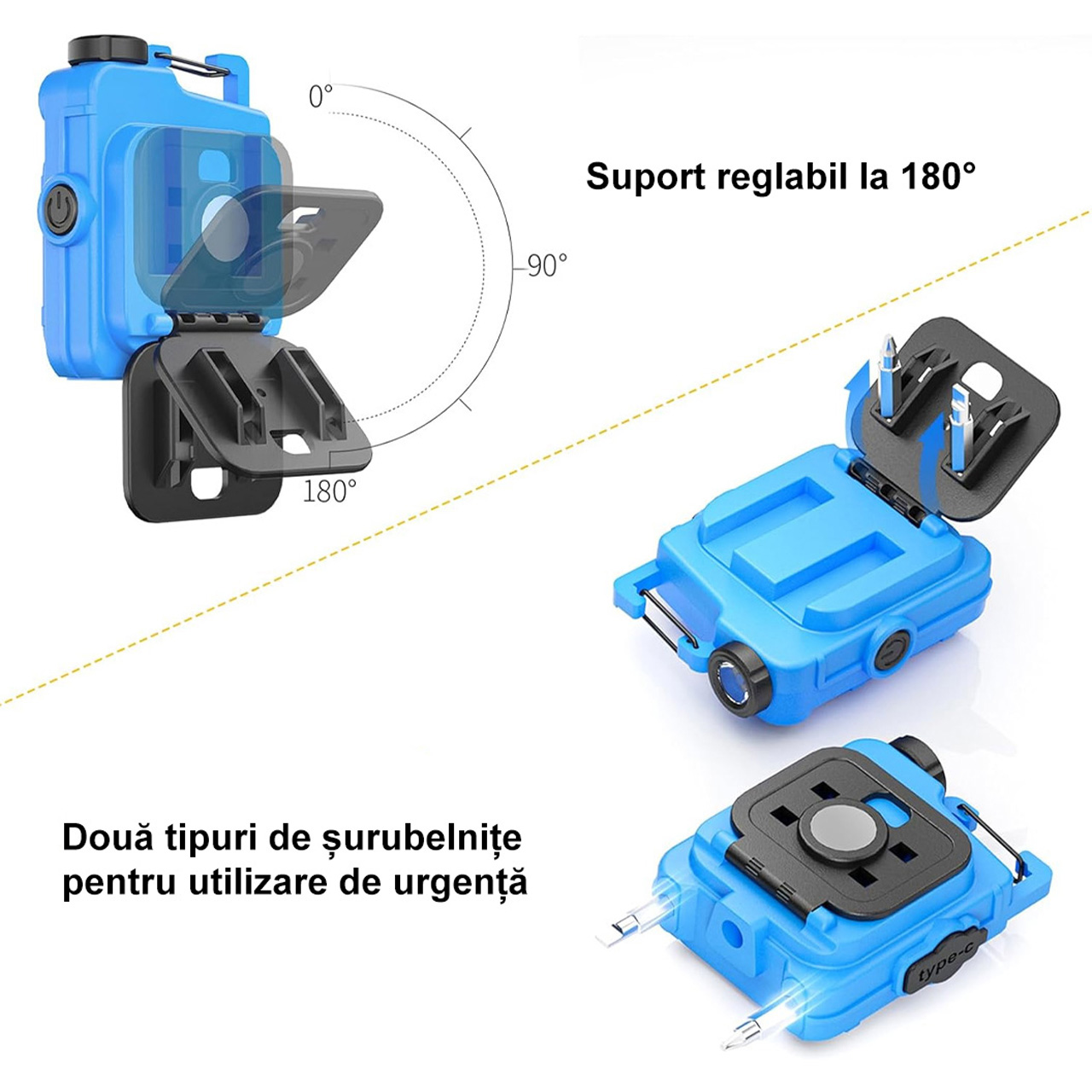 Lanterne LBZ-00208 03 Lanternă LED Mini Breloc COB, Reîncărcabilă Type-C, cu Carabină și Magnet, Lumină de Lucru, Albastru