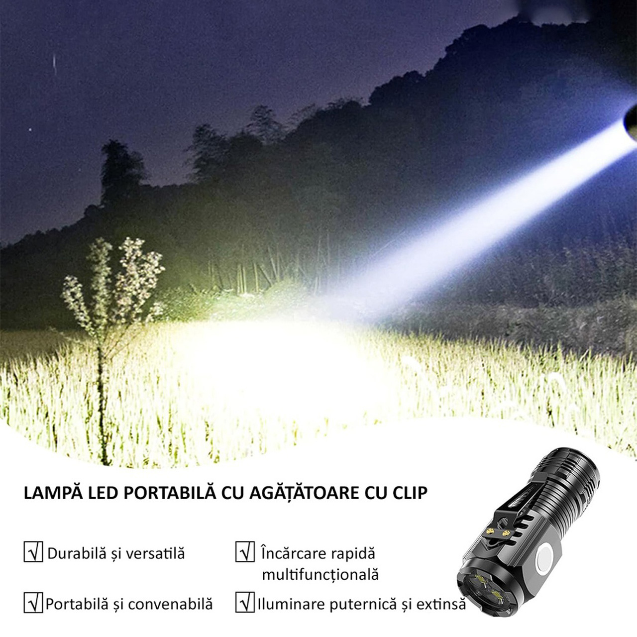 Lanterne LBZ-00209 02 Lanternă LED Mini Puternică cu 3 LED-uri, Reîncărcabilă Type-C, Clip de Buzunar și Magnet, Lumină Laterală COB, Negru
