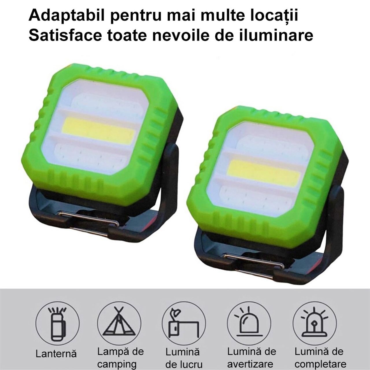 Lanterne LBZ-00212 02 Proiector LED de Lucru Portabil, Reîncărcabil Type-C, COB, 500 lm, Suport Rabatabil și Magnet, IPX5, Verde