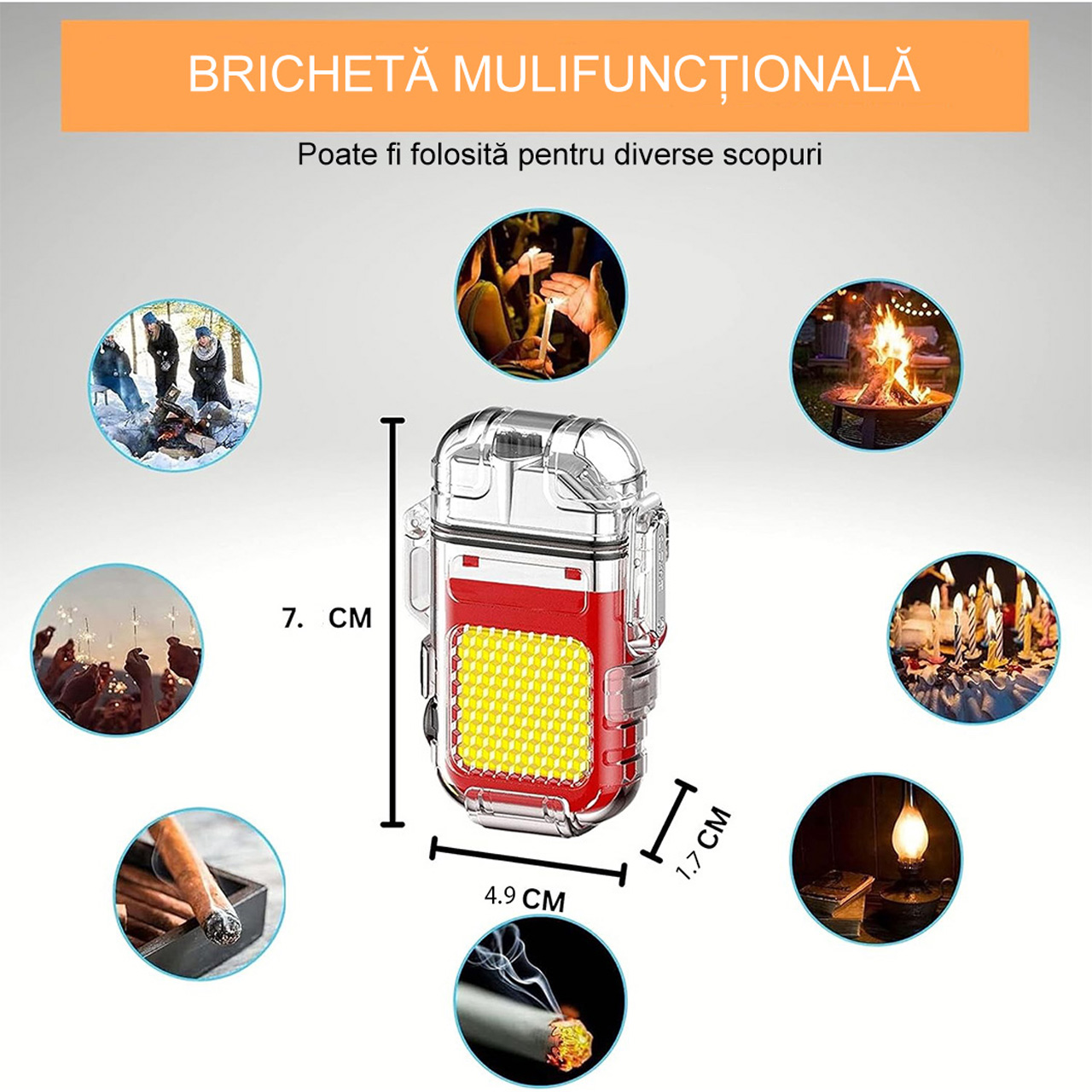 Lanterne LBZ-00213 03 Brichetă Electrică cu Arc Plasma și Lanternă COB, Reîncărcabilă Type-C, Carcasă Impermeabilă, Antivânt, Roșu