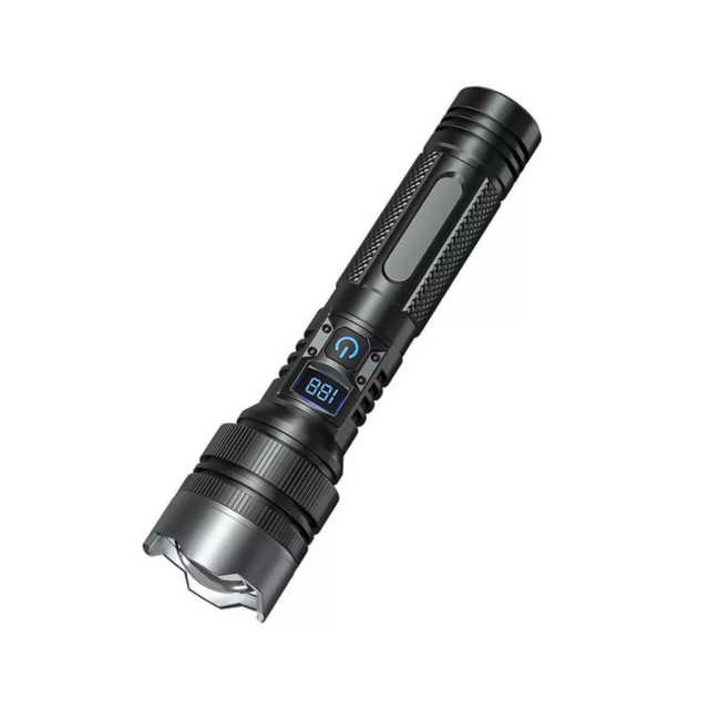 Lanterne LBZ-00216 01 Lanternă LED Puternică cu Zoom, Încărcare Rapidă Type-C, Afișaj Digital, Funcție Power Bank, 1800mAh, Negru