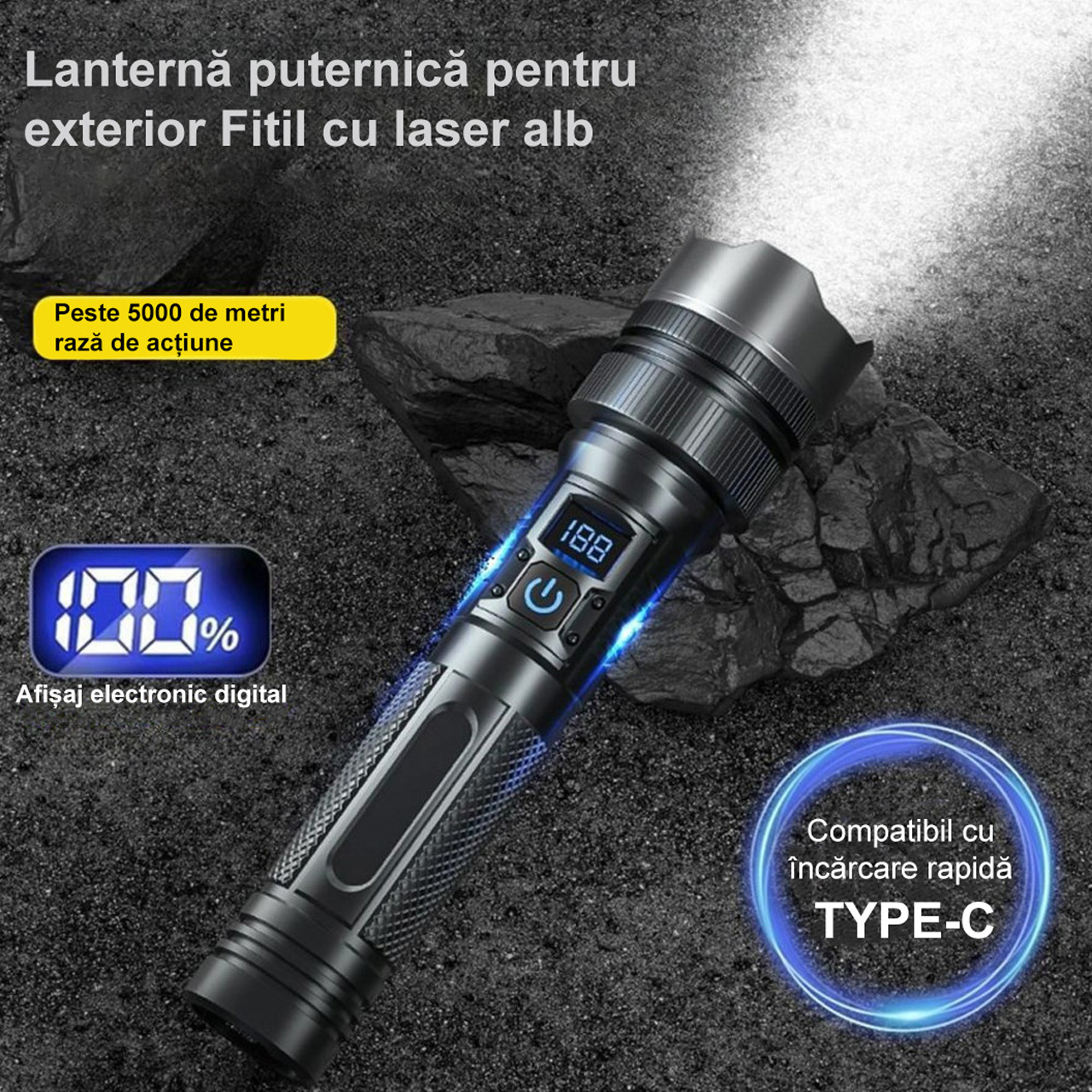 Lanterne LBZ-00216 02 Lanternă LED Puternică cu Zoom, Încărcare Rapidă Type-C, Afișaj Digital, Funcție Power Bank, 1800mAh, Negru