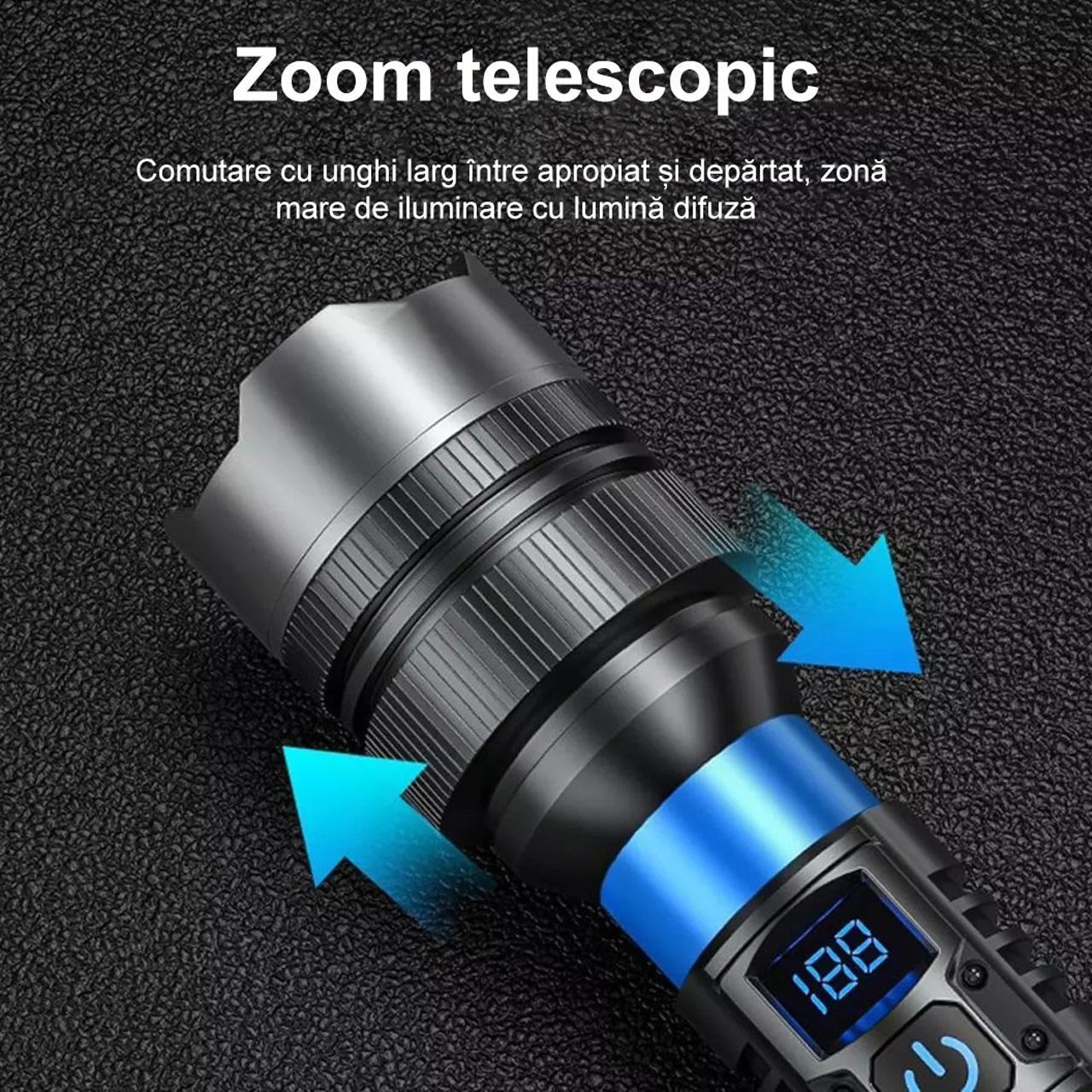 Lanterne LBZ-00216 04 Lanternă LED Puternică cu Zoom, Încărcare Rapidă Type-C, Afișaj Digital, Funcție Power Bank, 1800mAh, Negru