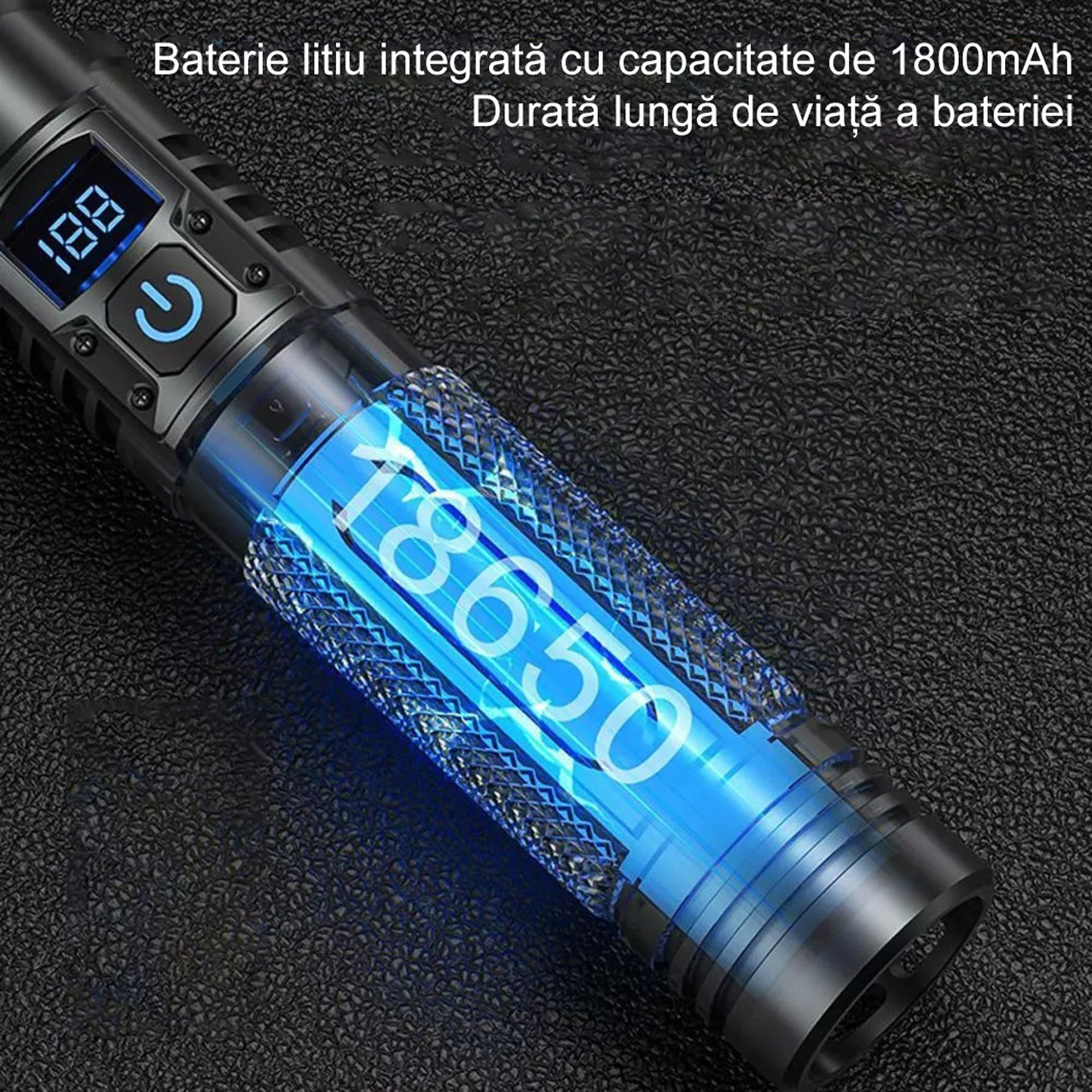 Lanterne LBZ-00216 07 Lanternă LED Puternică cu Zoom, Încărcare Rapidă Type-C, Afișaj Digital, Funcție Power Bank, 1800mAh, Negru