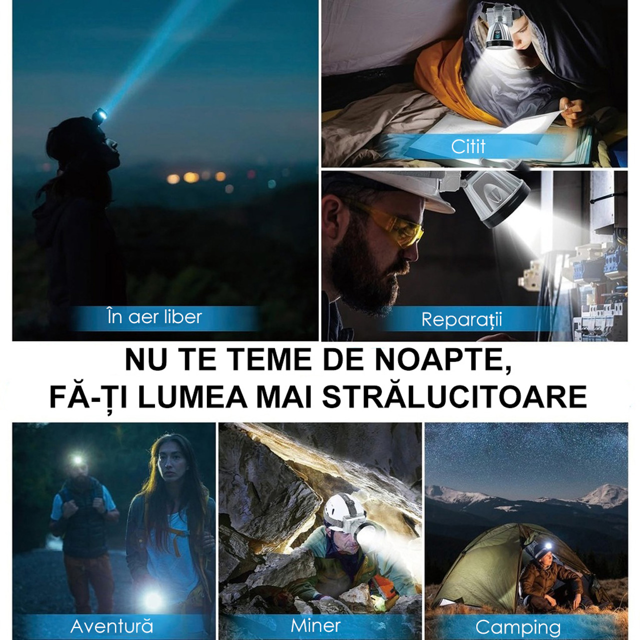 Lanterne LBZ-00217 05 Lanternă Frontală LED Puternică, Reîncărcabilă USB, Funcție Power Bank, Indicator Baterie, 3 Moduri, Argintiu