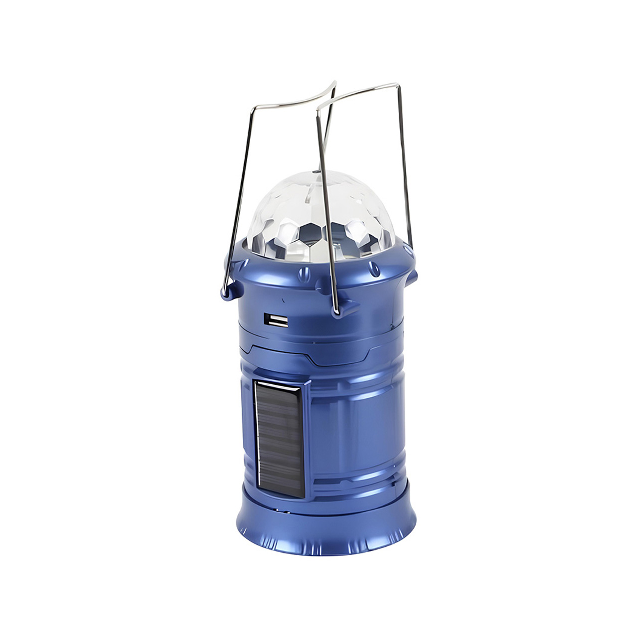 Lanterne LBZ-00218 02 Felinar LED Camping Pliabil, Reîncărcabil USB și Solar, Glob Disco RGB, Lumină Albă Rece, Albastru