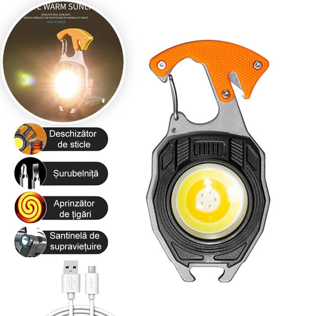 Lanterne LBZ-00231 02 Breloc multifuncțional LED W5147 cu lanternă COB, brichetă USB, fluier și desfăcător