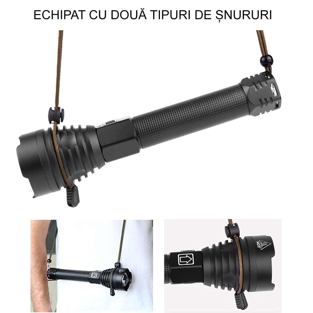 Lanternă tactică LED XHP90, 2500 lm, reîncărcabilă USB, focus ajustabil, acumulator inclus