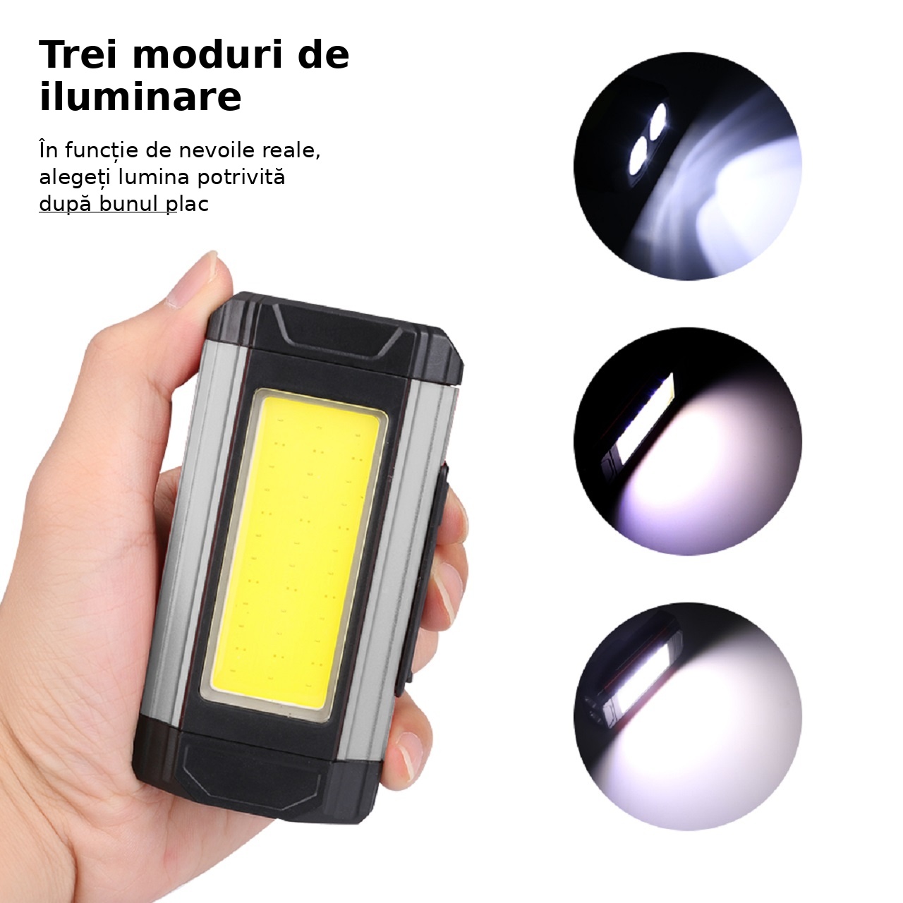 Lanternă LED COB reîncărcabilă K011, portabilă, suport reglabil, USB