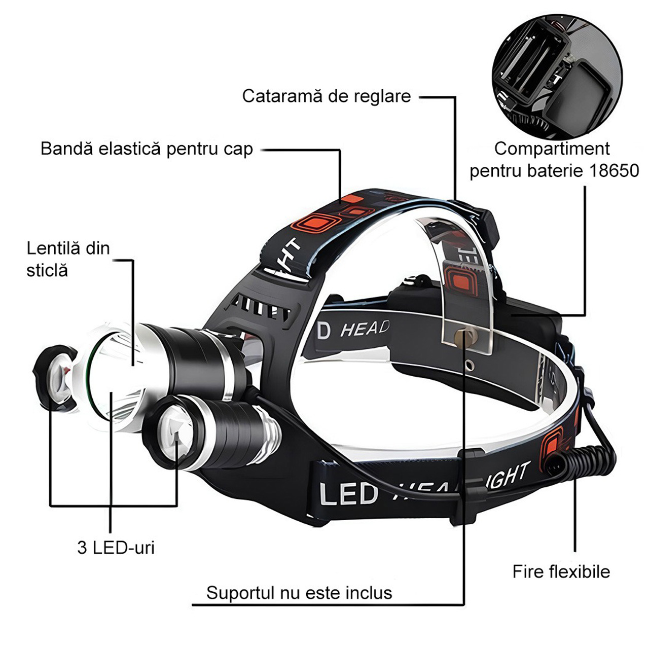 Lanterne LBZ-00301 03 Lanternă frontală LED reîncărcabilă, 6000 lm, 3 LED-uri Cree, 2 acumulatori incluși