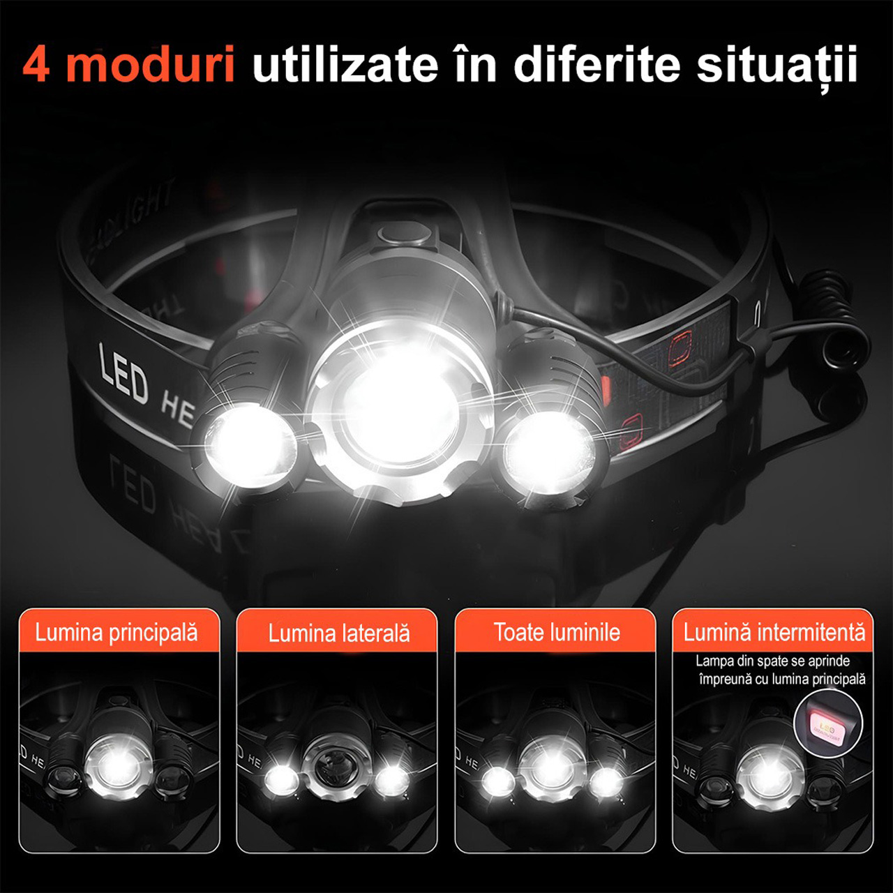 Lanterne LBZ-00301 05 Lanternă frontală LED reîncărcabilă, 6000 lm, 3 LED-uri Cree, 2 acumulatori incluși