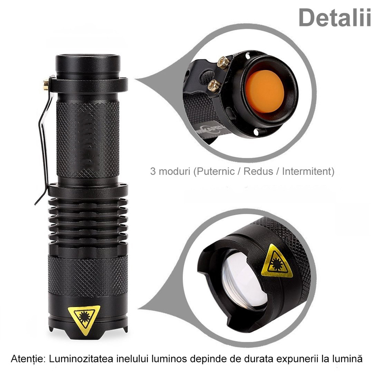 Lanterne LBZ-00303 02 Lanternă LED portabilă SK68 5W, zoom reglabil, rază 500 m, neagră