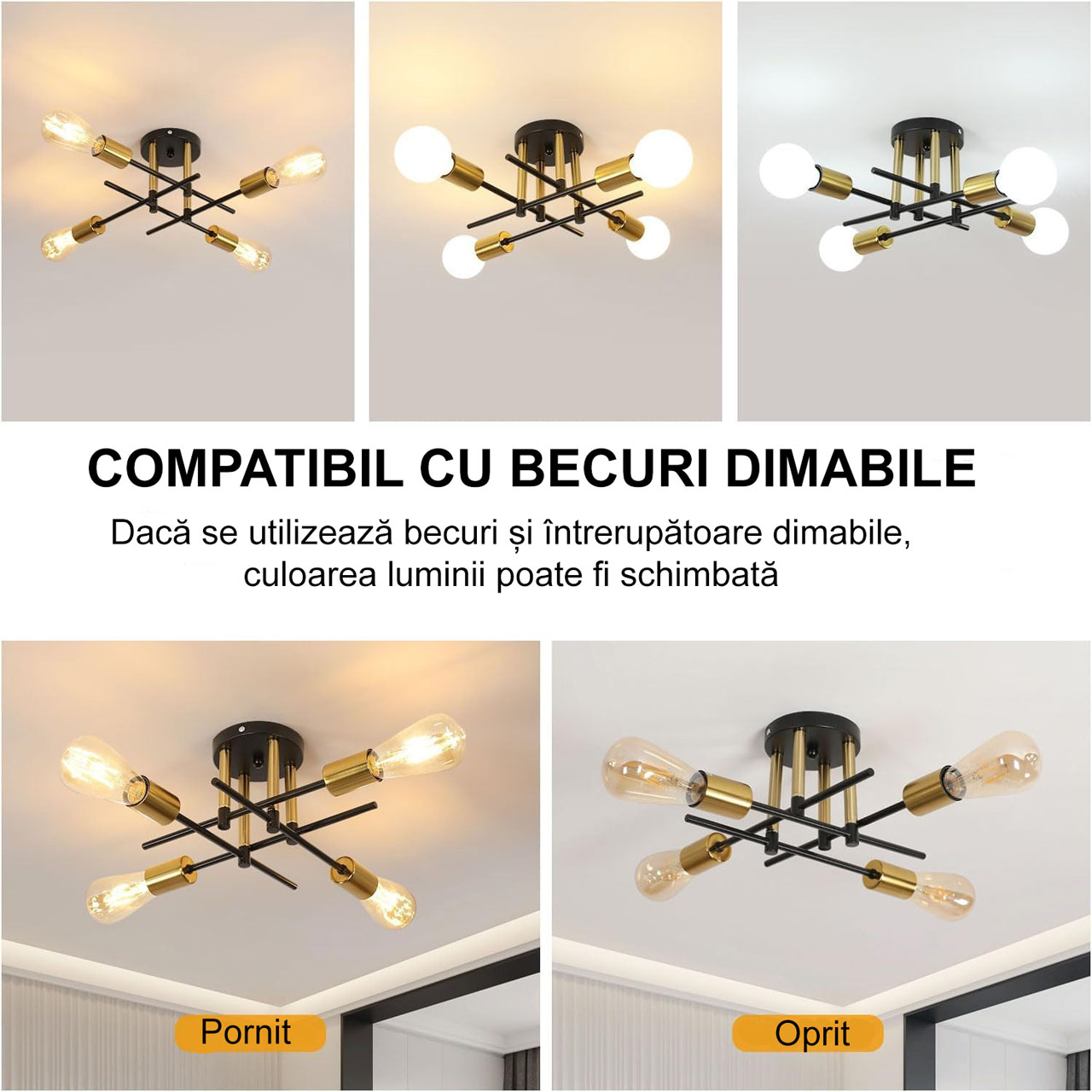 Lustre LED LBZ-00248 05 Plafonieră retro cu 4 brațe E27, design industrial, negru/auriu