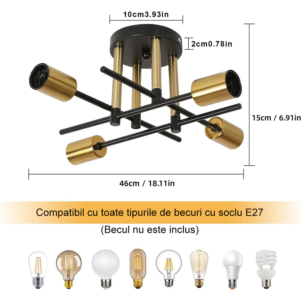 Lustre LED LBZ-00248 06 Plafonieră retro cu 4 brațe E27, design industrial, negru/auriu