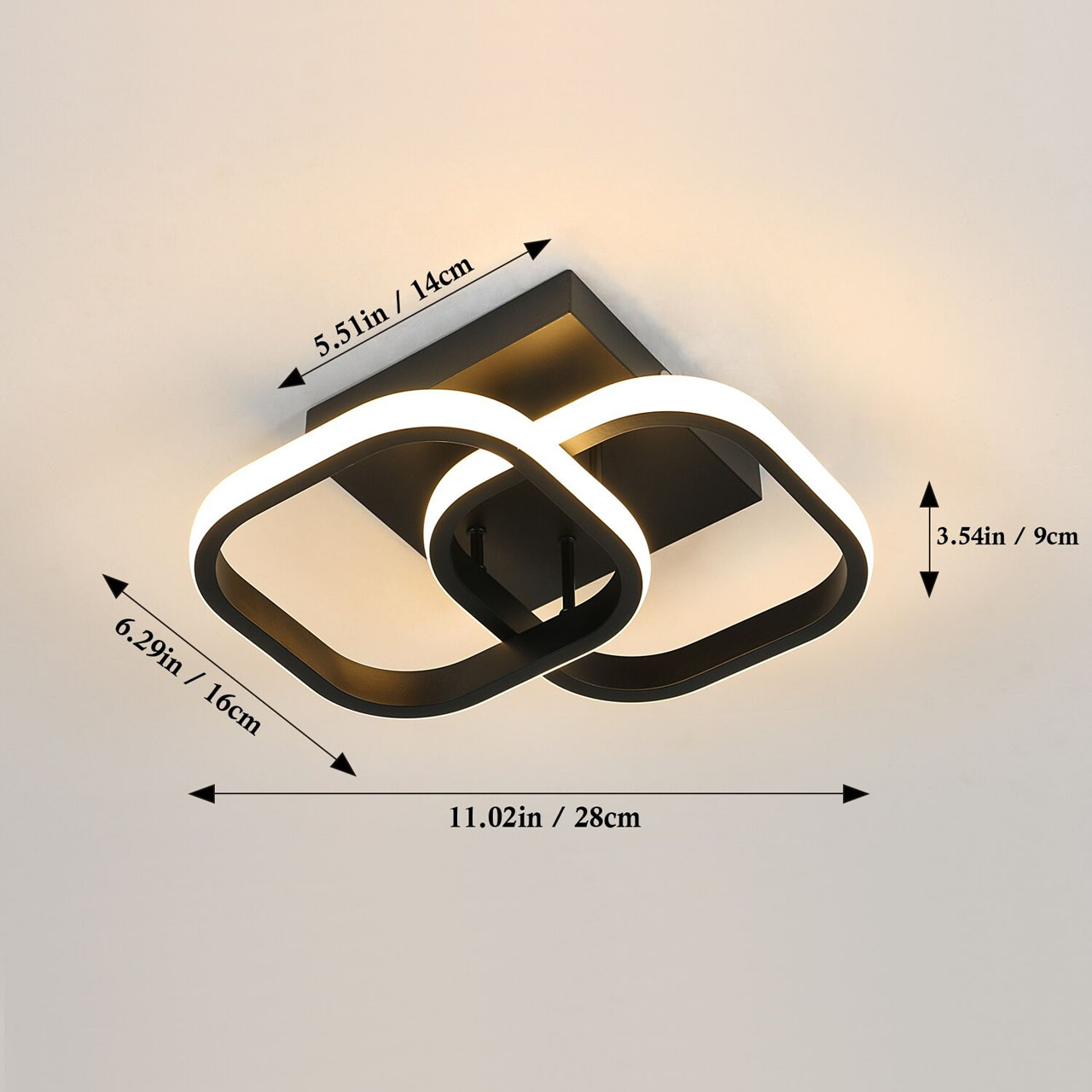 Lustră LED cu 2 pătrate, 20W, lumină caldă/neutră/rece, neagră