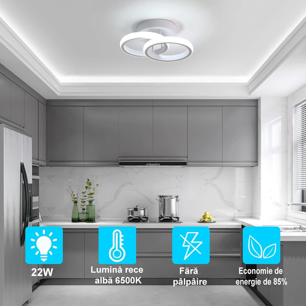 Lustră LED modernă cu 2 cercuri, 20W, CCT, lumină caldă/neutră/rece, albă