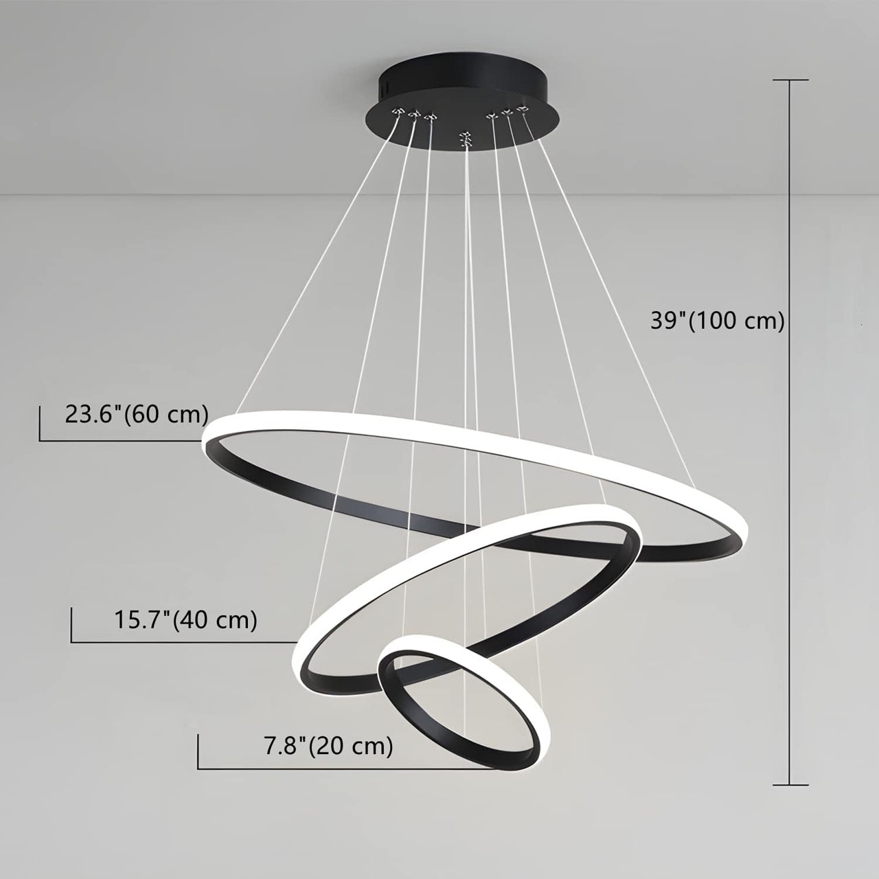 Candelabru LED modern cu 3 cercuri, 72W, CCT, negru