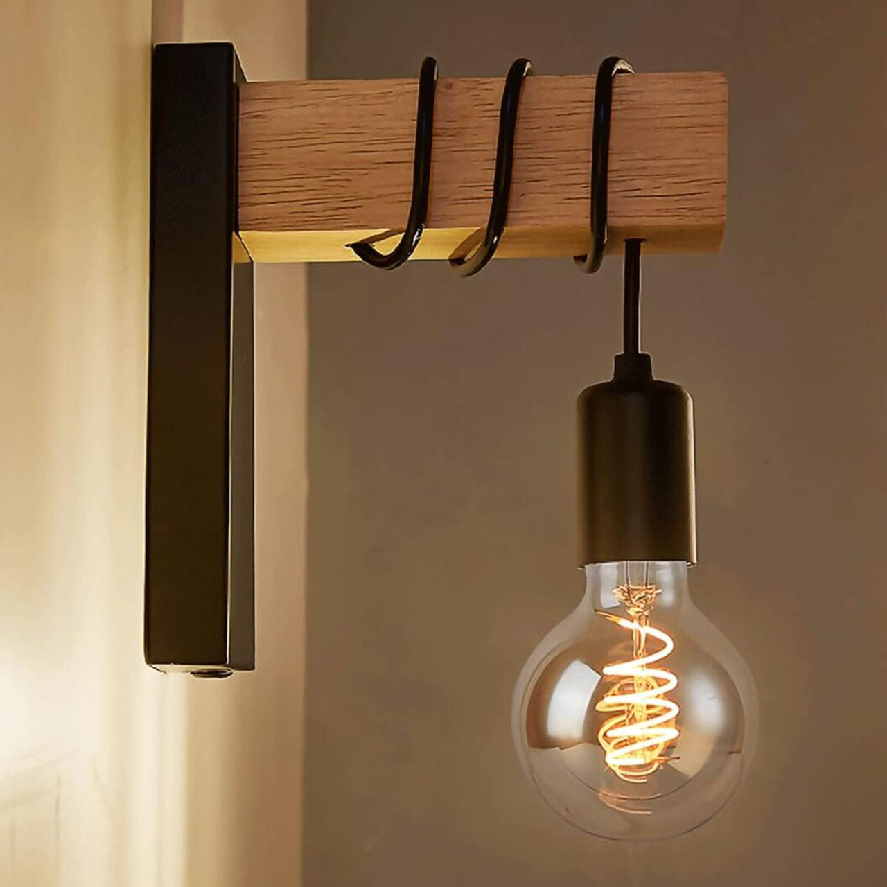 Lustre LED LBZ-00260 02 Aplică vintage de perete cu lemn, soclu E27, design industrial, neagră