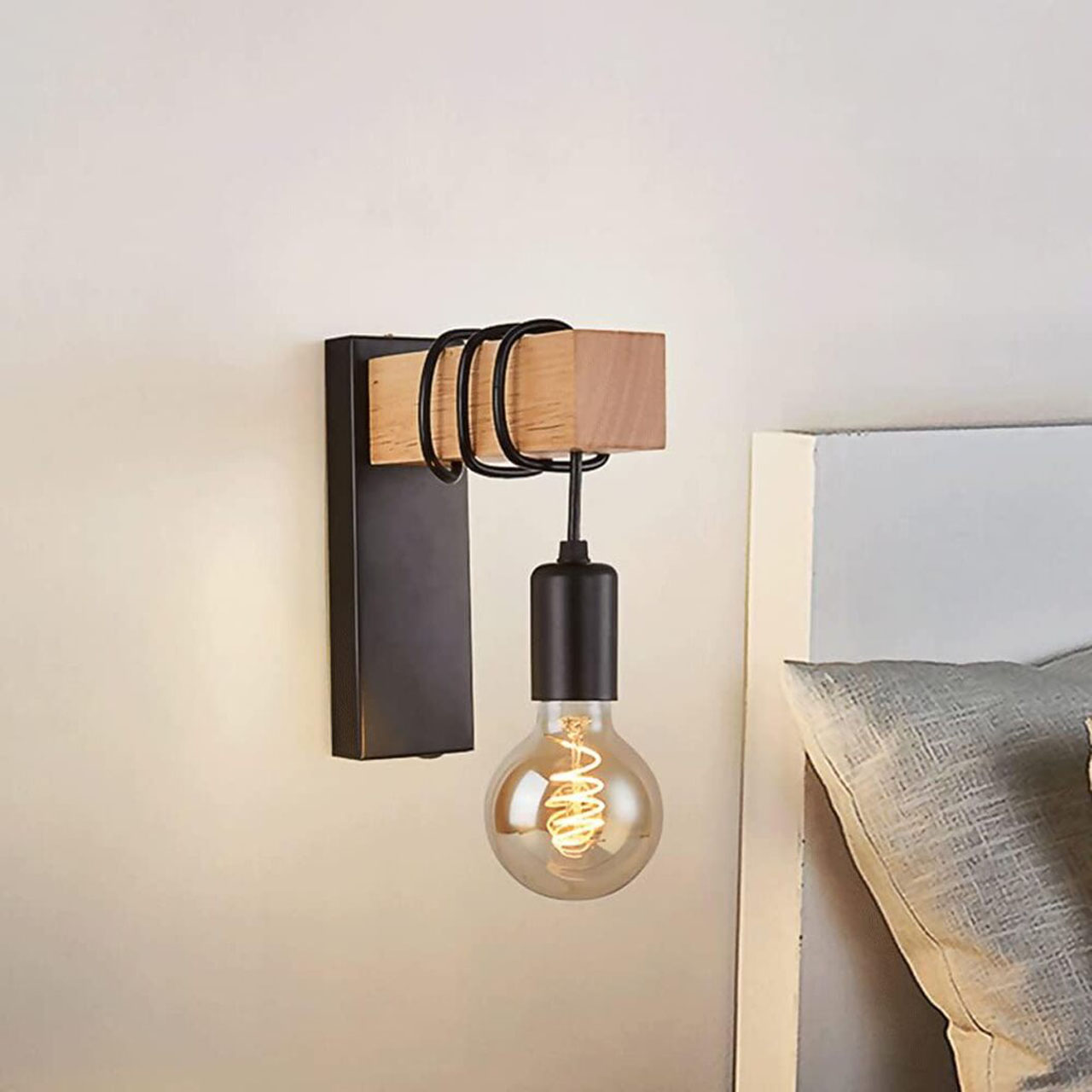 Lustre LED LBZ-00260 03 Aplică vintage de perete cu lemn, soclu E27, design industrial, neagră