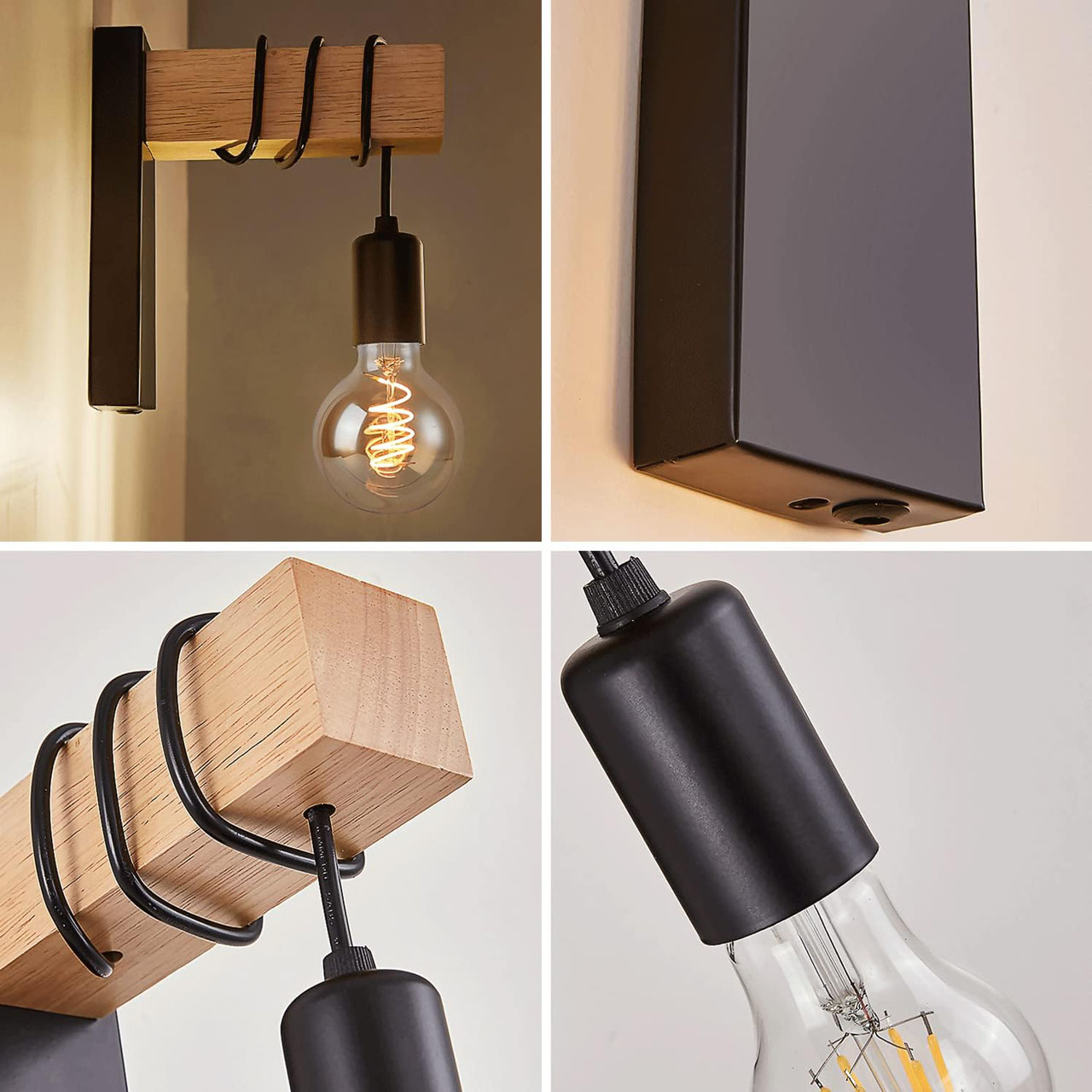 Lustre LED LBZ-00260 04 Aplică vintage de perete cu lemn, soclu E27, design industrial, neagră